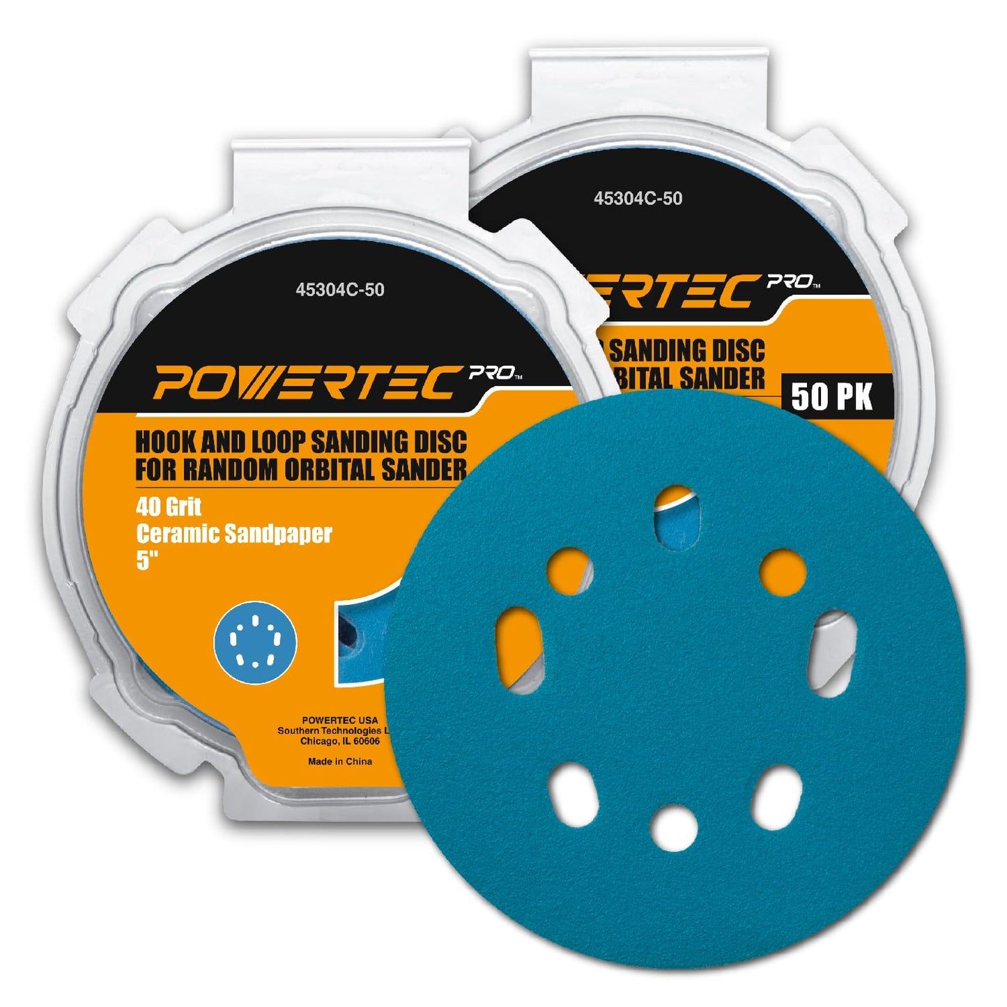 POWERTEC 50 PCS 220 Grit - 5 Inch 8 Hole Hook and Loop Sanding Discs, 5" Sanding Pads for Automotive, Drywall, Woodworking with Orbital Sander, Air, and DA Sander (44022G-50)