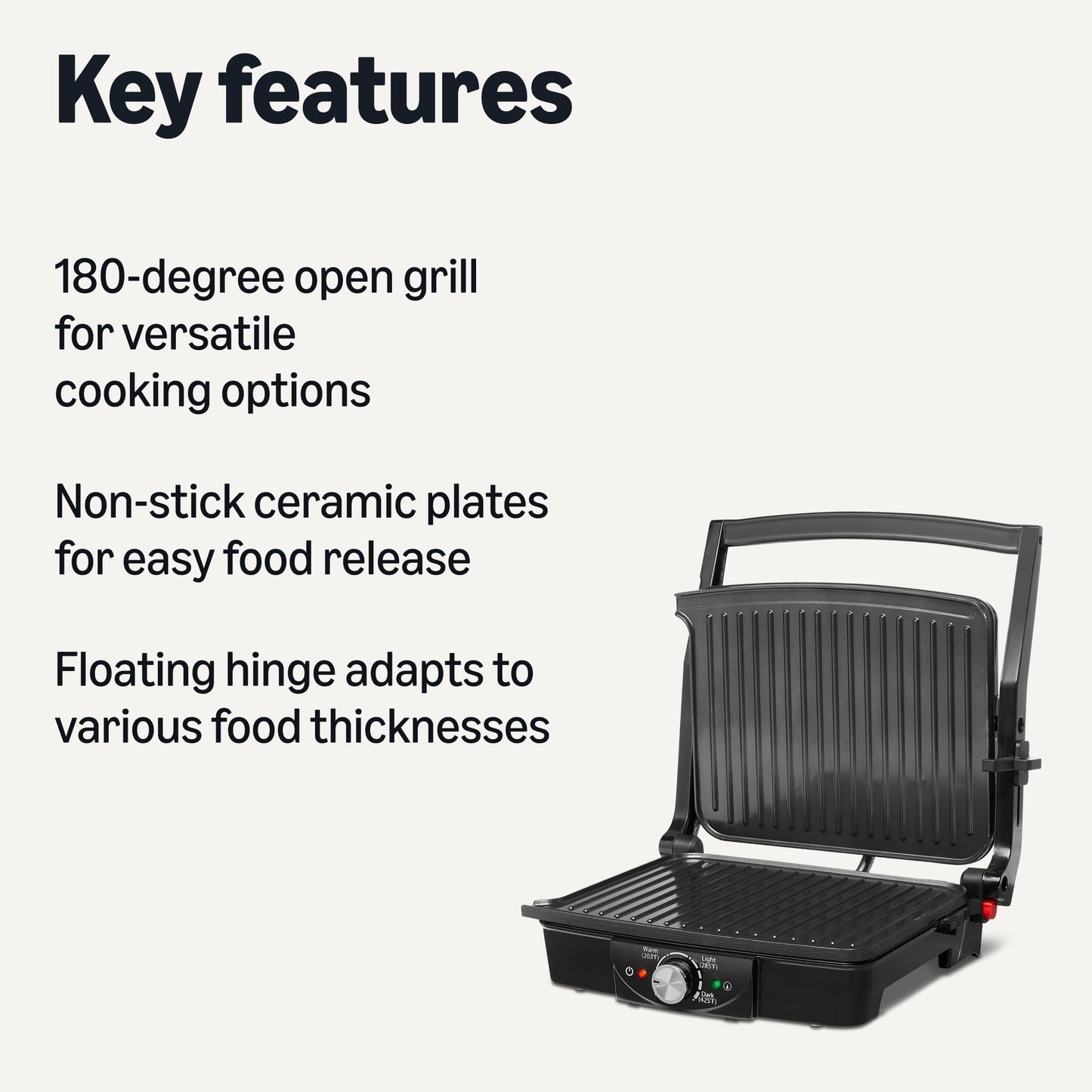 Amazon Basics Panini Press & Electric Indoor Grill with Temperature Control, Non-Stick Ceramic Plates, Black
