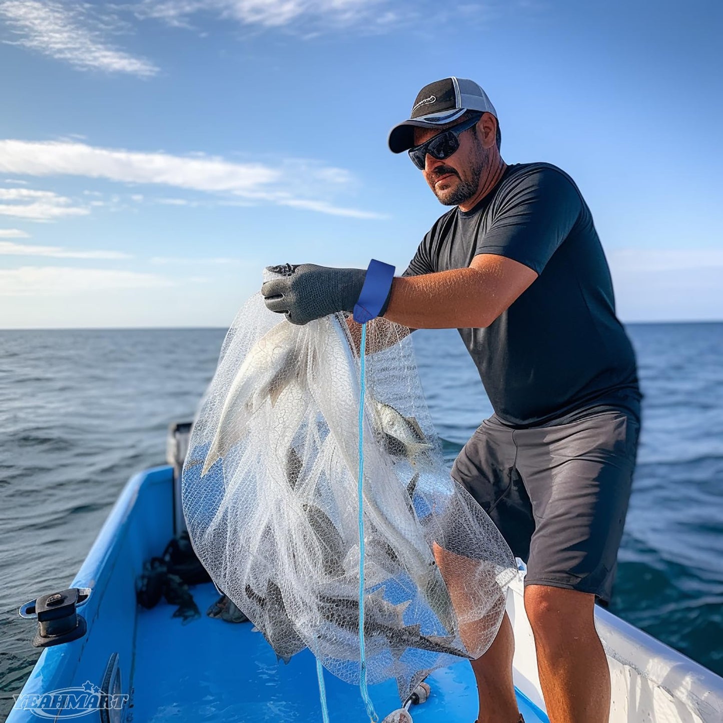 Yeahmart American Saltwater Fishing Cast Net for Bait Trap Fish 3ft/4ft/5ft/6ft/7ft/8ft/9ft/10ft Radius Casting Nets with Heavy Duty Real Zinc Sinker Weights, 3/8inch Mesh Size