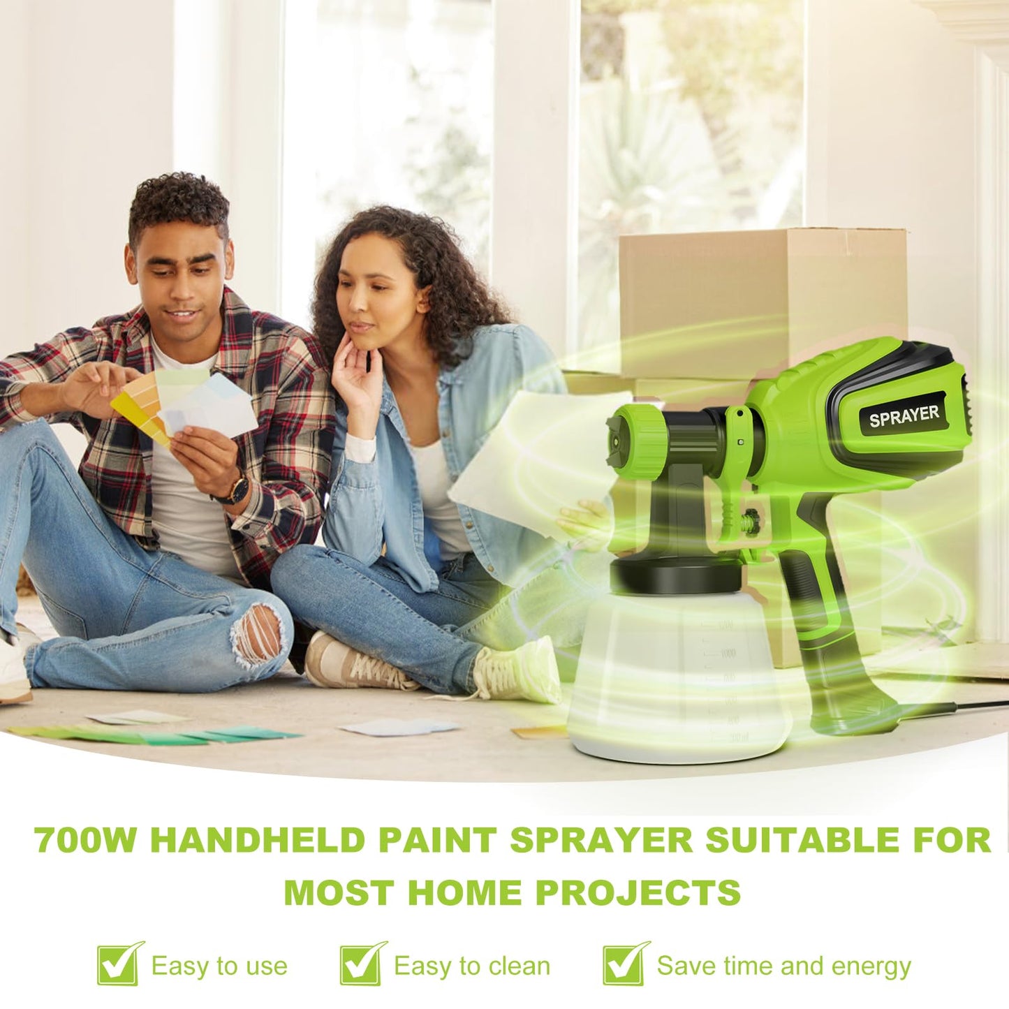 Paint Sprayer, 700W HVLP Spray Gun with Cleaning & Blowing Joints, 4 Nozzles and 3 Patterns, Easy to Clean, for Furniture, Cabinets, Fence, Walls, Door, Garden Chairs etc. VF803
