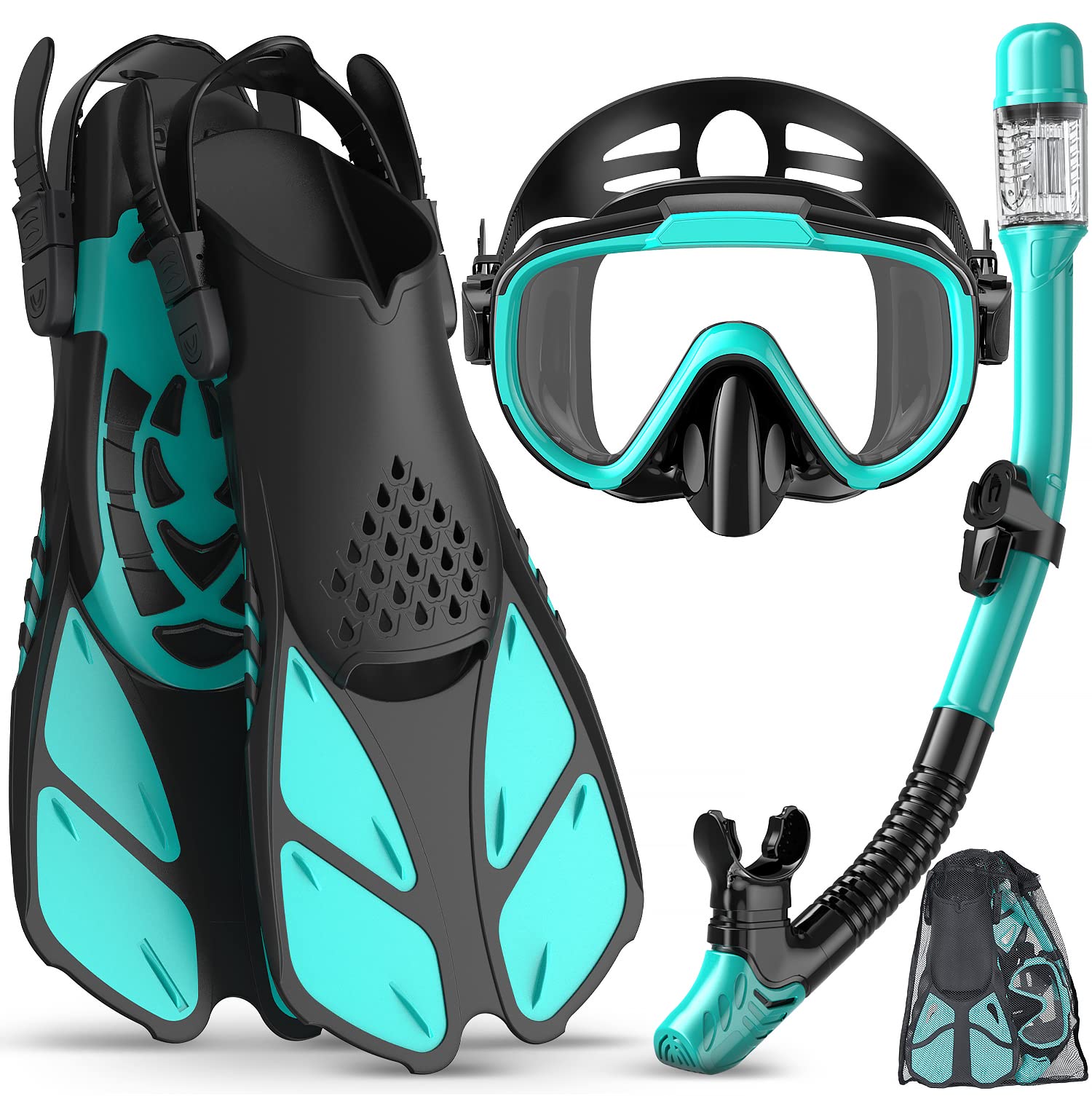 Ubekezele Snorkeling Gear for Adults Men Women,4 in 1 Snorkel Set with Panoramic View Diving Mask Anti-Fog Anti-Leak,Dry Top Snorkel,Fins and Travel