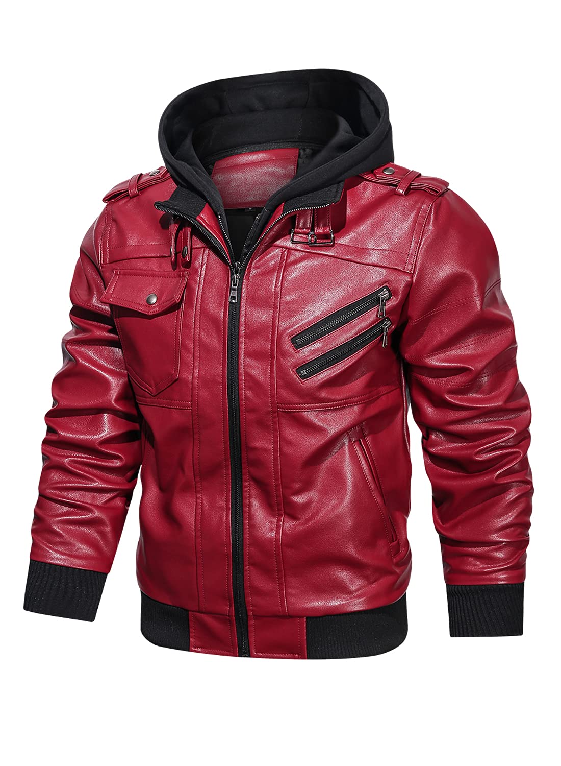 HOOD CREW Men’s Casual Stand Collar PU Faux Leather Zip-Up Motorcycle Bomber Jacket With a Removable Hood