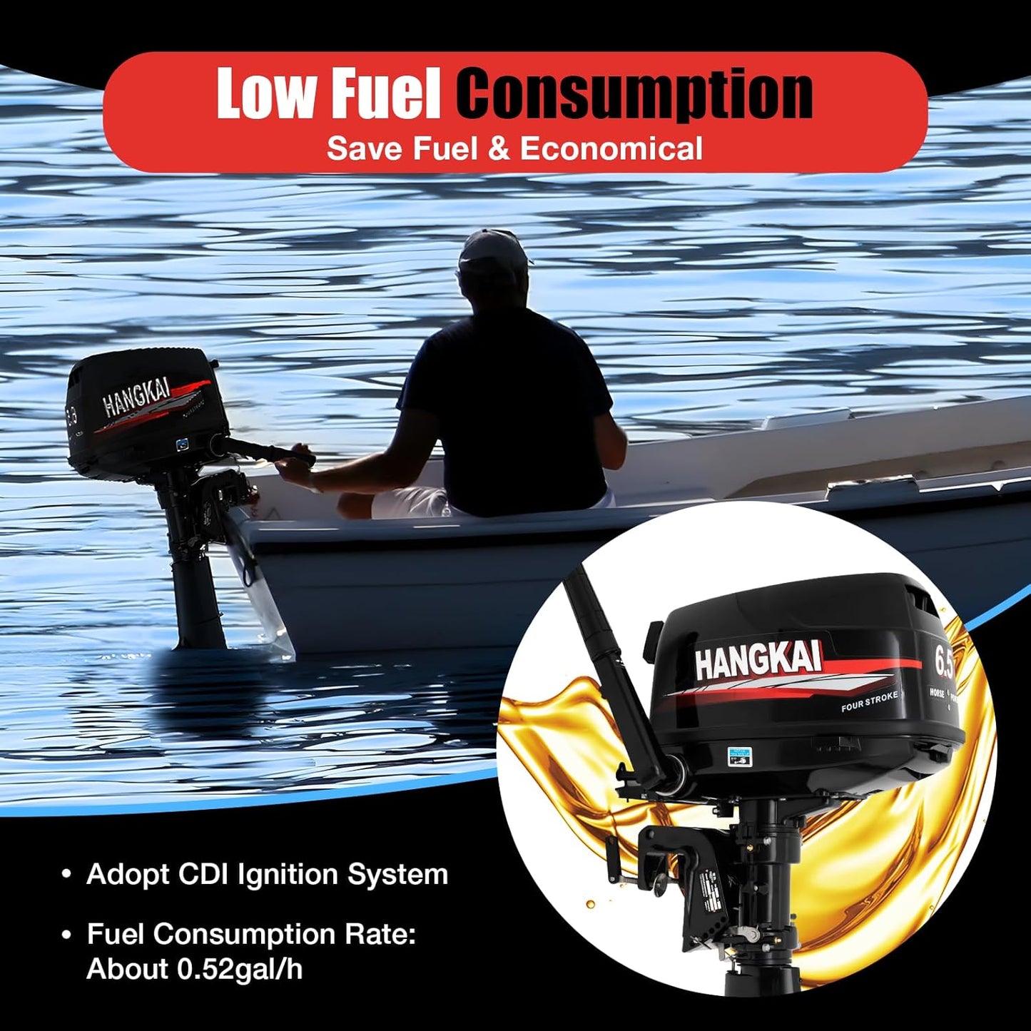 4-Stroke HANGKAI 6.5HP Outboard Motor Gas Powered, 123CC Fishing Boat Engine Outboard Motor Engine for Inflatable Boat Kayak Canoe Sailboat 5000-6000r/Min