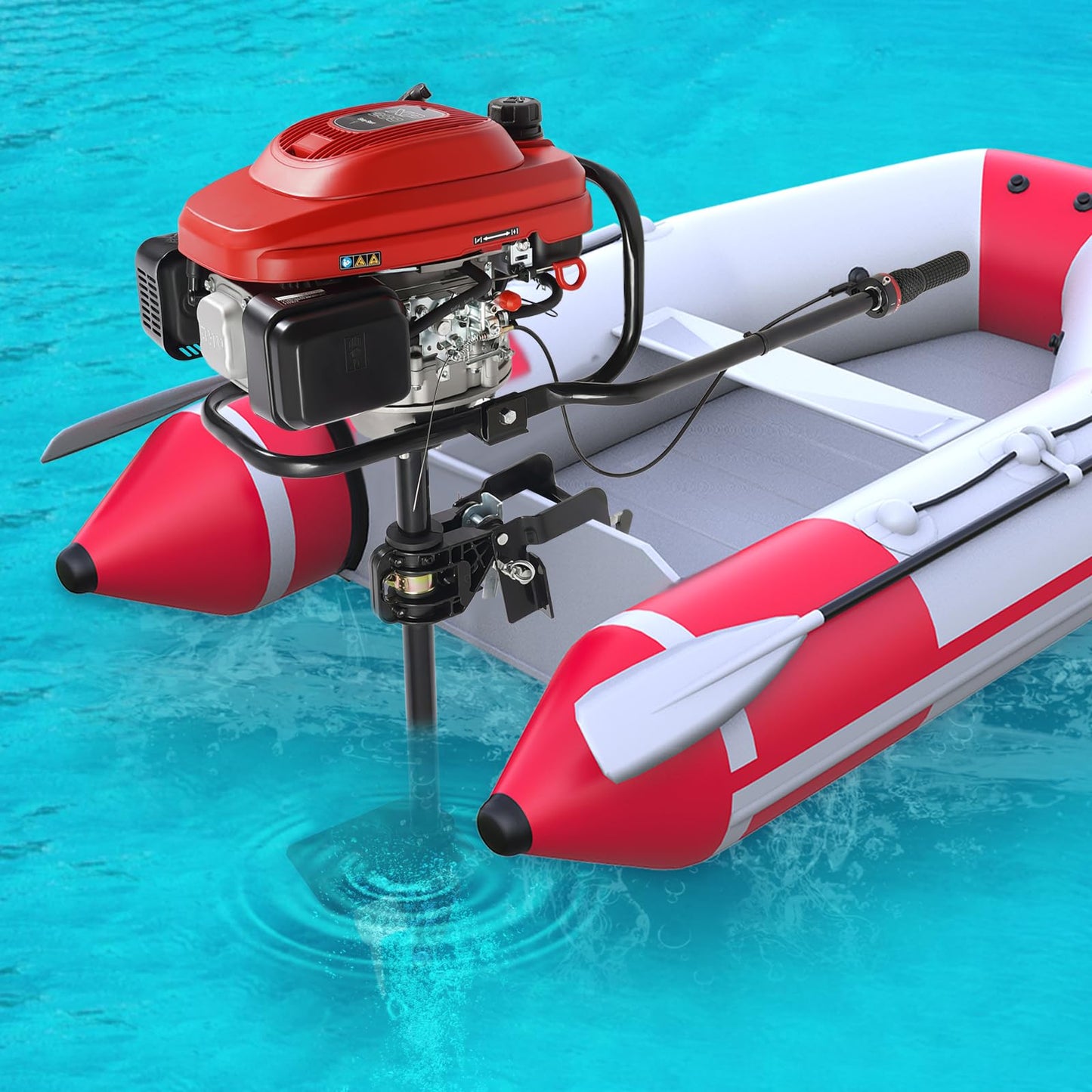 6HP Heavy Duty Outboard Motor, 170cc 4 Stroke Gas Outboard Boat Motor Engine with Air Cooling System, 3.2KW Single Cylinder Fishing Boat Engine for 3-7m Length