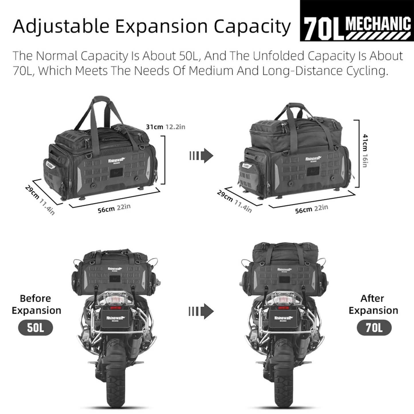 Rhinowalk Motorcycle Tail Bag, Expandable Motorcycle Travel Luggage Bags 60L, Waterproof All-Weather Trunk Rack Bag with Sissy Bar Straps & Helmet Rain Cover – Black
