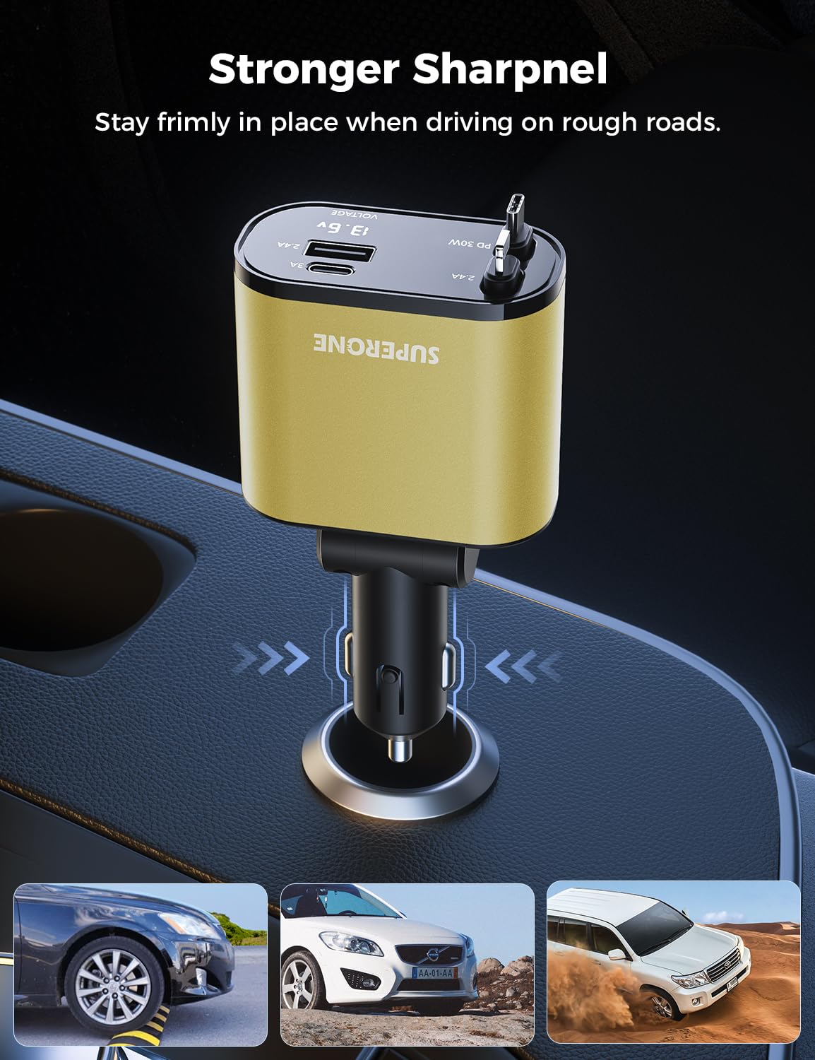【Upgraded】 SUPERONE Retractable Car Charger 4 in 1, Fast Car Phone Charger with Cord 2.6ft, USB C and Apple Car Adapter, Compatible with iPhone 16 15/15 Pro Max/14/13/12/11, Galaxy, Pixel