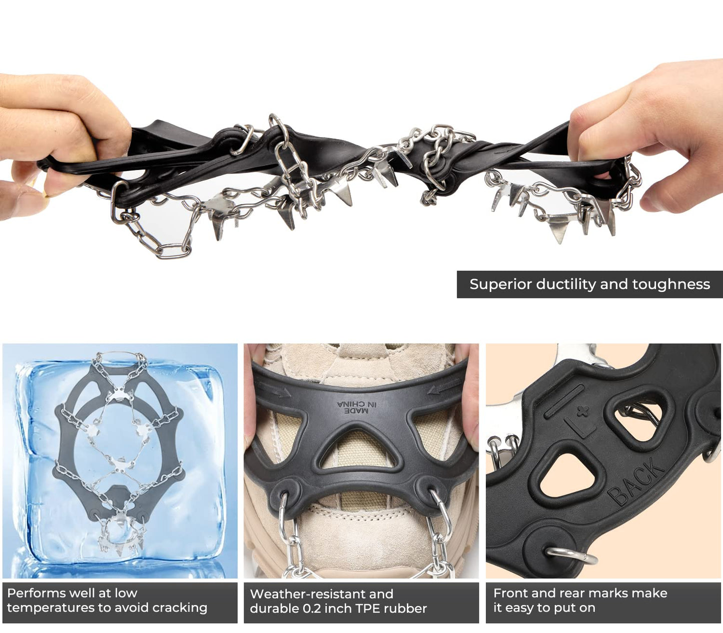 Sportneer Crampons, Traction Cleats Ice Snow Grips with 19 Stainless Steel Spikes, Ice Cleats Traction Snow Grips for Boots Shoes, Crampons Ice Cleats for Women Men Hiking Jogging Climbing And Fishing