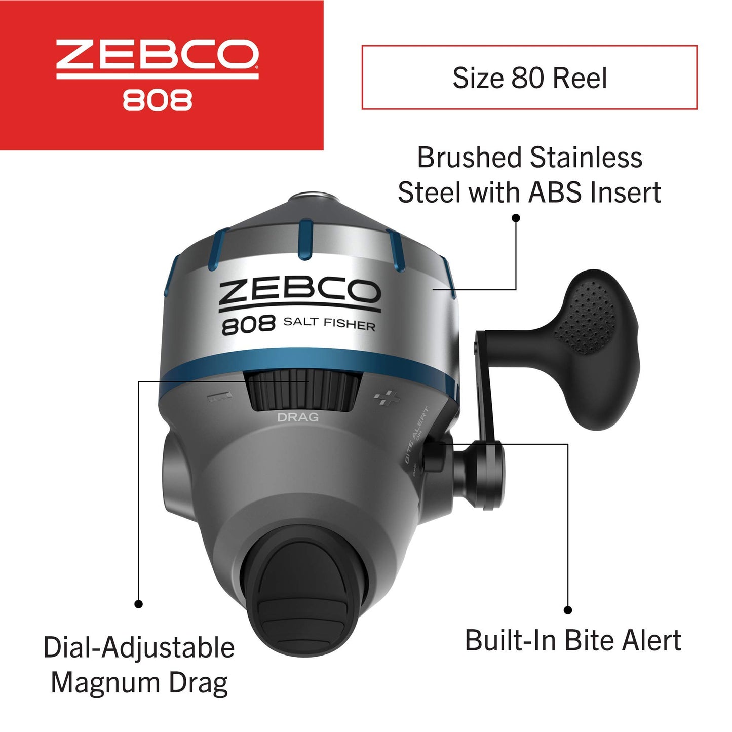 Zebco 808 Saltfisher Spincast Fishing Reel, Size 80 Reel, Changeable Right- or Left-Hand Retrieve, Pre-Spooled with 20-Pound Zebco Fishing Line, Stainless Steel Ball Bearing Drive, Silver
