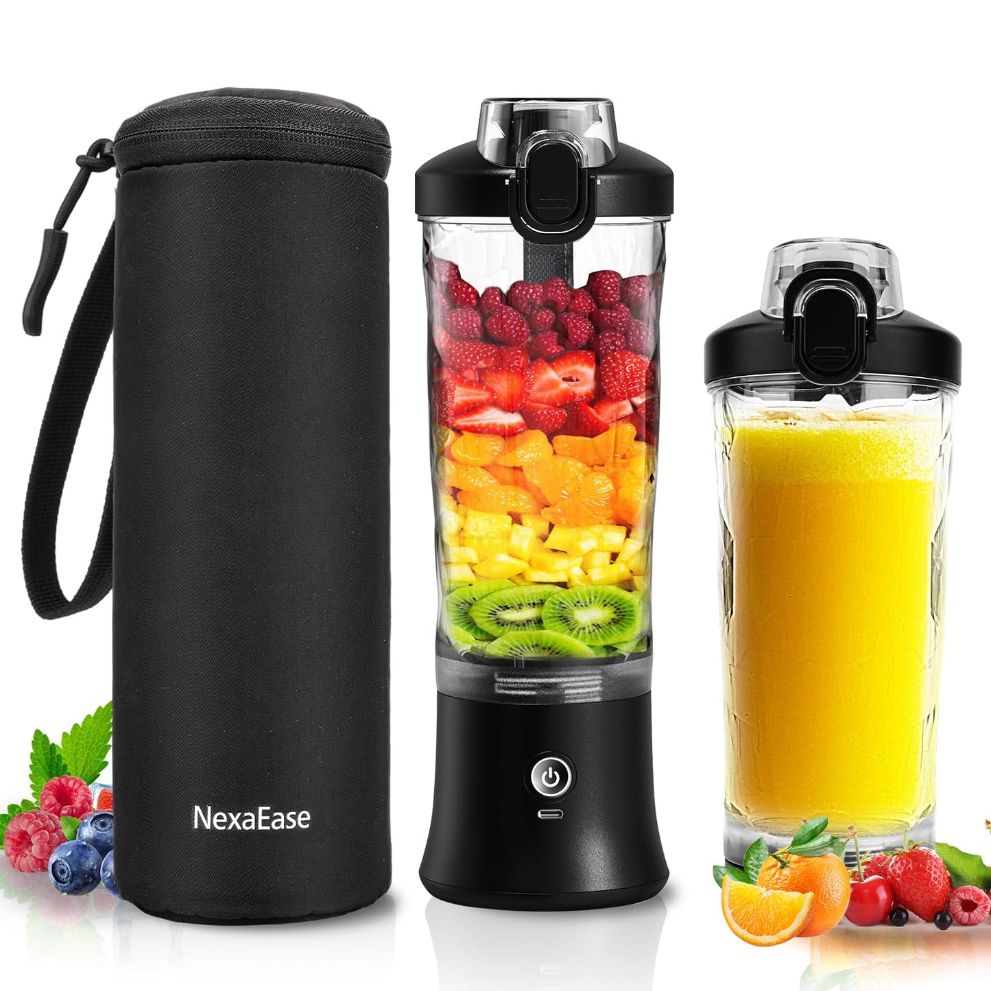 Portable Blender with Insulated Carrying Case & Recipe Book for Shakes and Smoothies, 24 OZ Personal Juicer Electric Protein Shaker Bottle, Mini Small Blender Cup with USB-C Rechargeable, Travel Lid