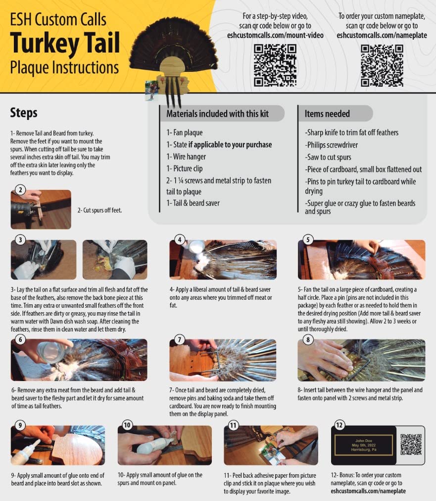 Esh Turkey Fan Mount Kit - Customized State Turkey Tail Mounting Plaque - Natural Oak Wood - Standard
