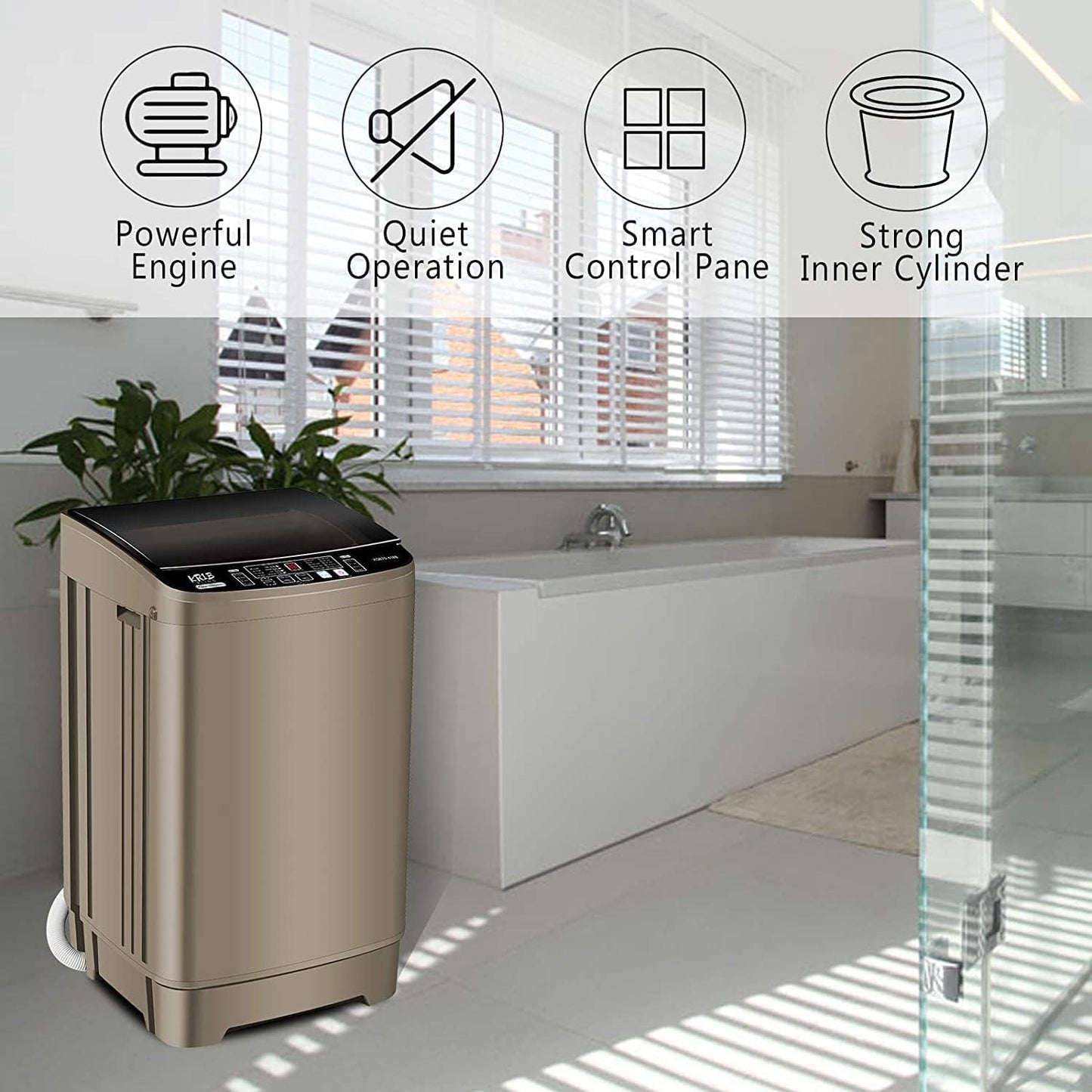 KRIB BLING 17.7 lbs Full Automatic Washing Machine with LED Display Compact Washing Machine with Drain Dump, 10 Wash Programs and 8 Water Levels Ideal for Dorms, Apartments, RV, Gold, KB03 GOLD6-3
