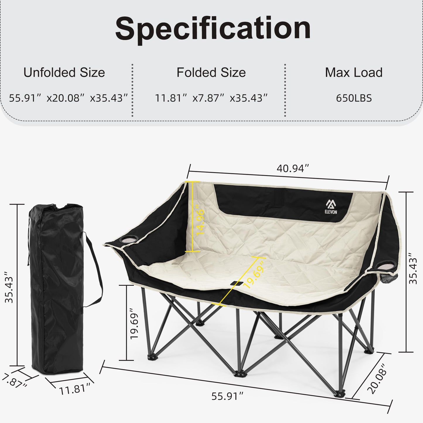 Camping Chair, Oversized Loveseat Double 2 Person Outdoor Chair with Arms, Cup Holder and Carry Bag, Heavy-Duty Collapsible Chair for Outside,Black/Gray