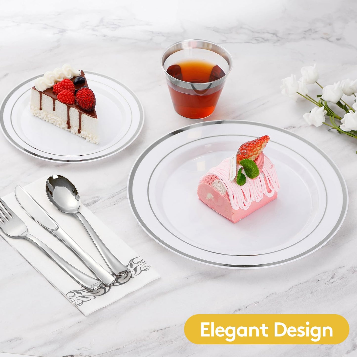Goodluck 700 Piece Silver Dinnerware Set for 100 Guests, Disposable Plastic Plates for Party, Include: 100 Dinner Plates, 100 Dessert Plates, 100 Paper Napkins, 100 Cups, 100 Silverware set