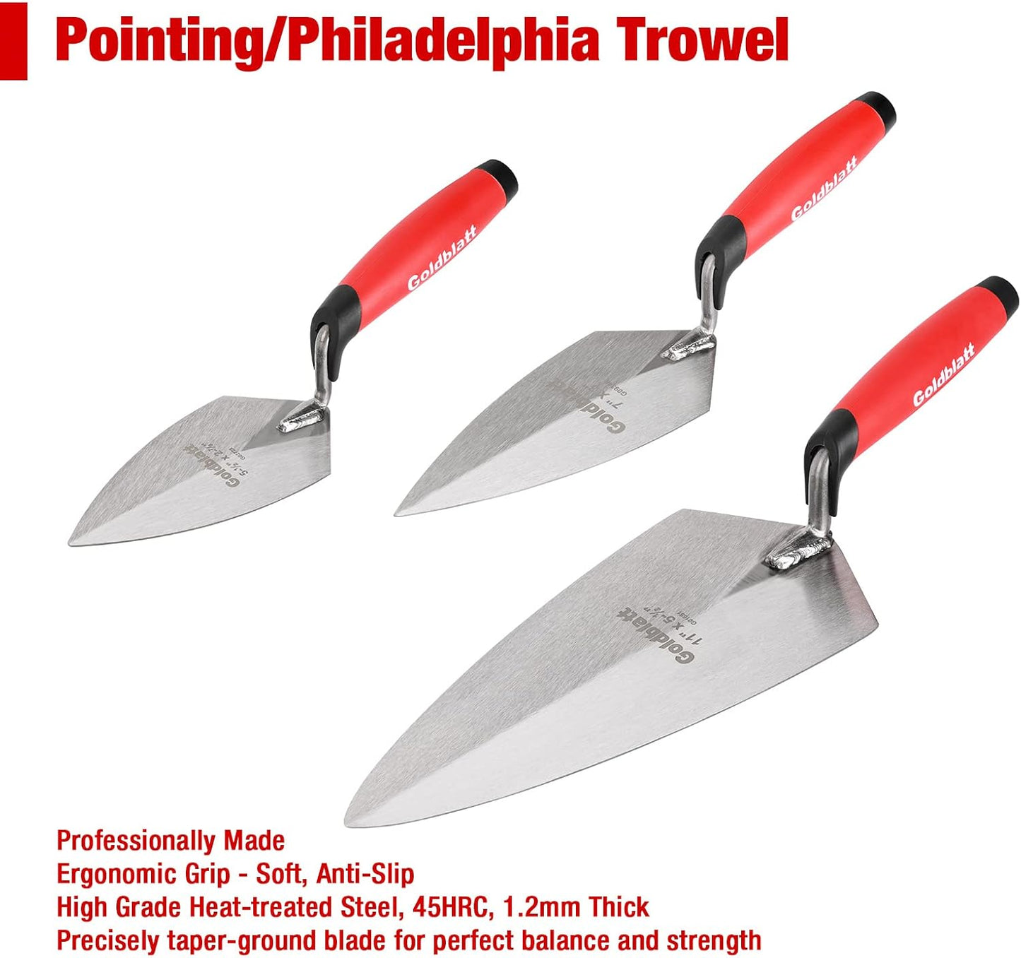 Goldblatt 6PCS Masonry Hand Tool Set - 11" x 5-1/2" Philadelphia Brick Trowel, 2PC Pointing Trowel, 5" x 2" Margin Trowel, 1/2" Tuck Pointing Trowel, 5/8” x 1/2” Convex Brick Jointer