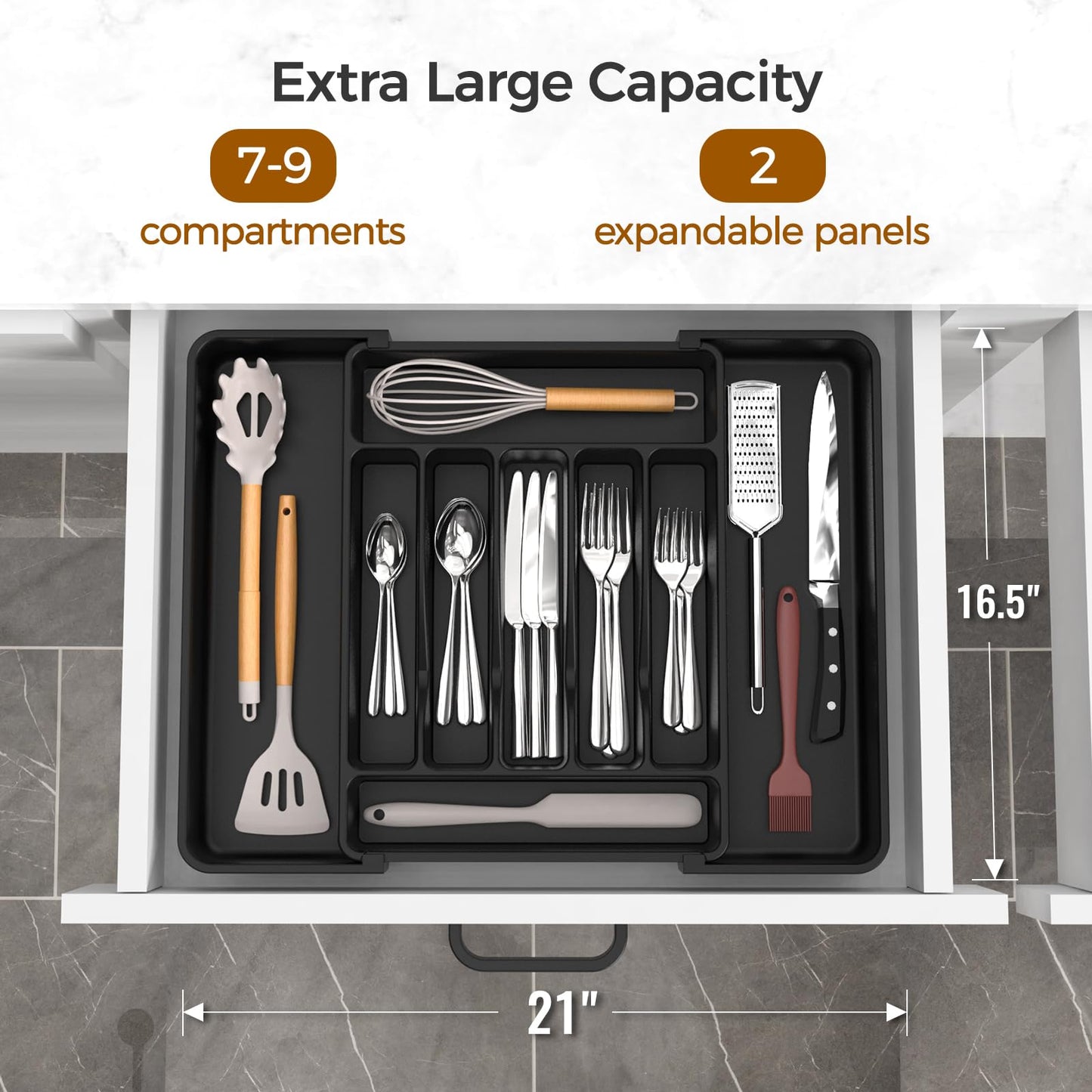 ukeetap Extra Large Expandable Silverware Organizer, BPA-Free Food-Safe Cutlery Flatware Organizer, Kitchen Utensil Drawer Organizer, Adjustable Silverware Holder for Spoons Forks Knives, Black