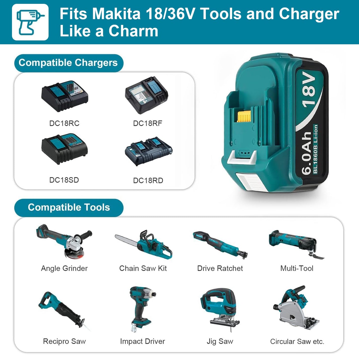 Upgraded 6.0Ah Replcement for Makita 18V Battery 2Pack with Charger Compatible with Makita 18 Volt Power Tools Black