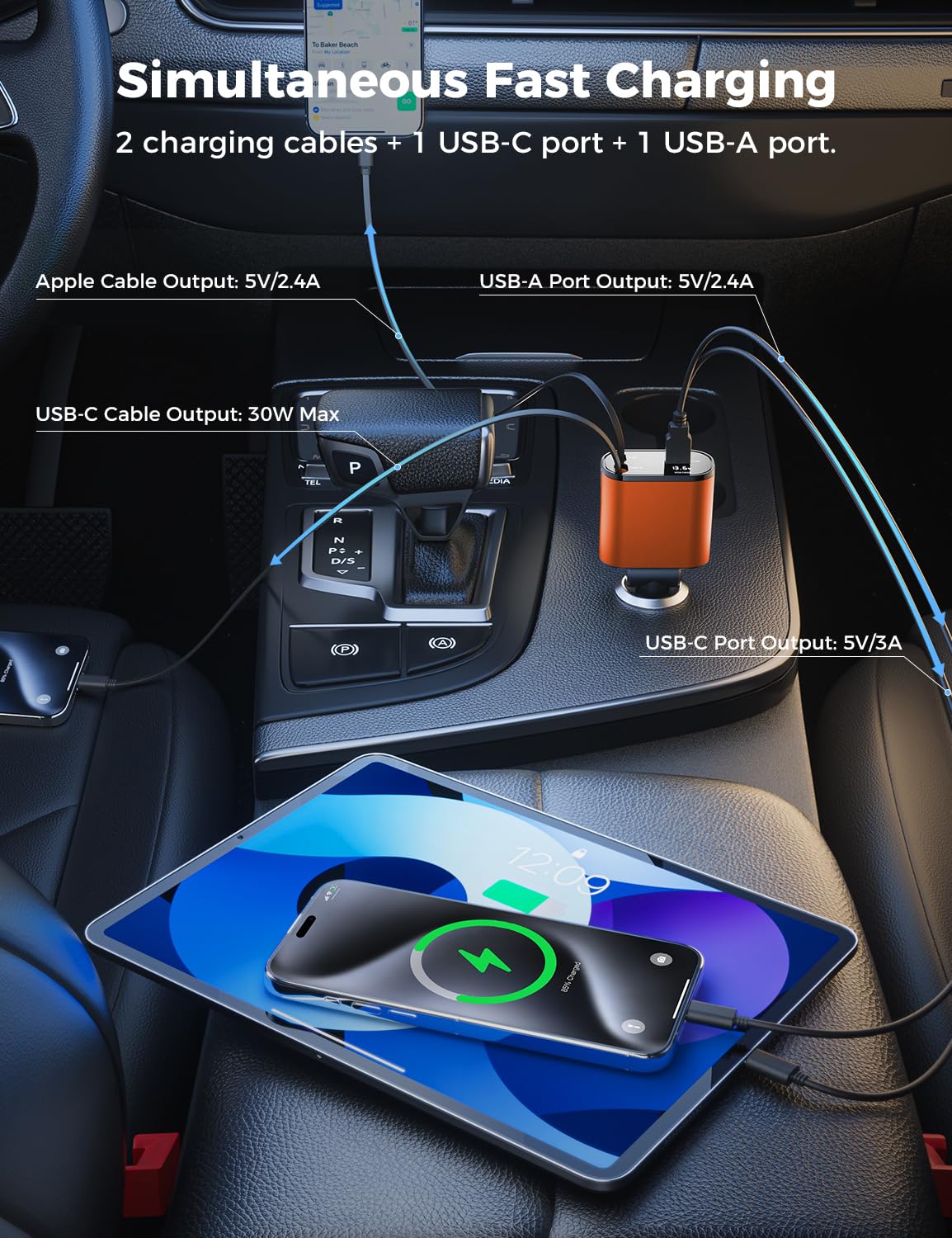 【Upgraded】 SUPERONE Retractable Car Charger 4 in 1, Fast Car Phone Charger with Cord 2.6ft, USB C and Apple Car Adapter, Compatible with iPhone 16 15/15 Pro Max/14/13/12/11, Galaxy, Pixel