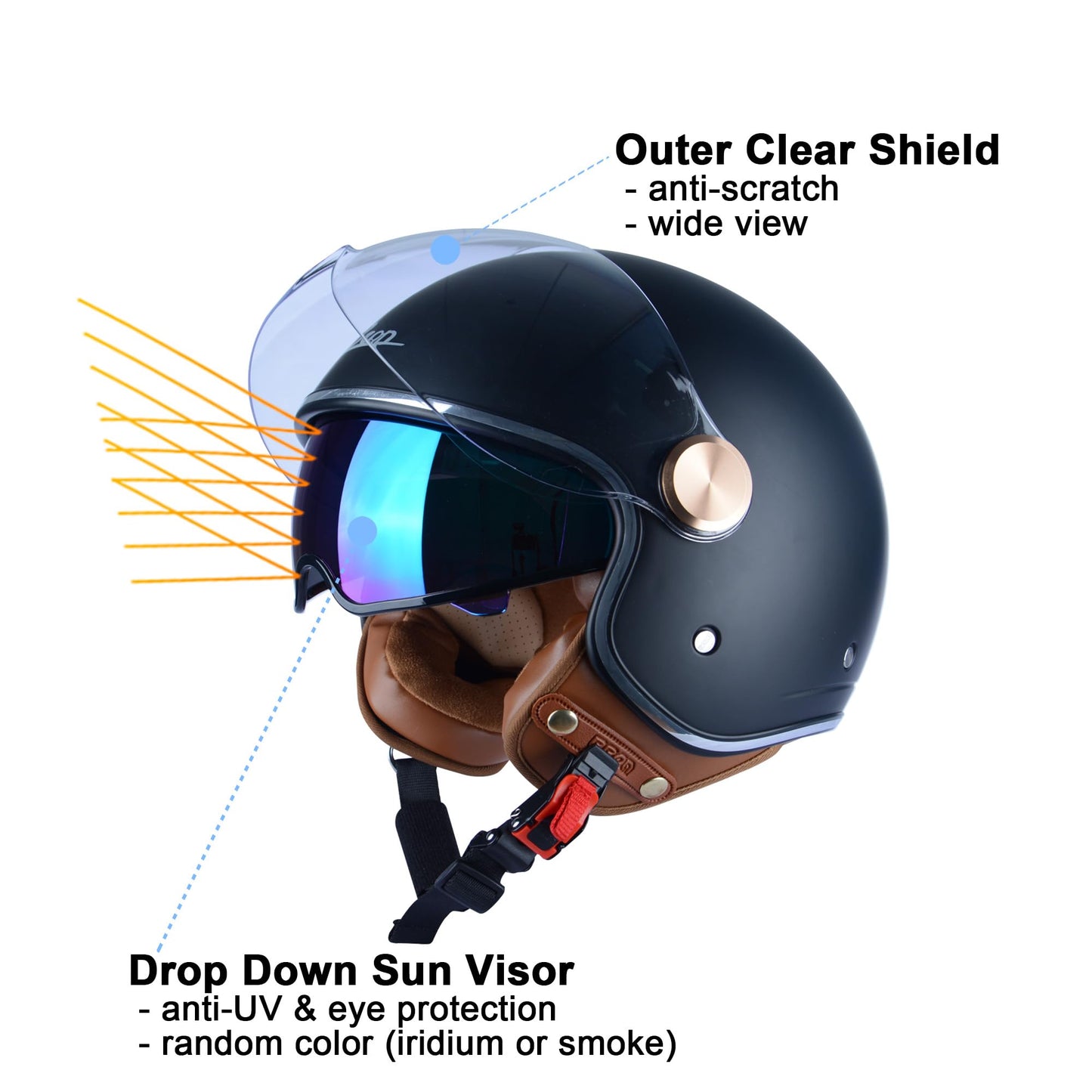Open Face Motorcycle Helmet for Adults, DOT Approved,3/4 Retro Vespa Helmet, Dual Visors Men's and Women's Motorbike Casco for Moped Cruiser Bobber and Chopper