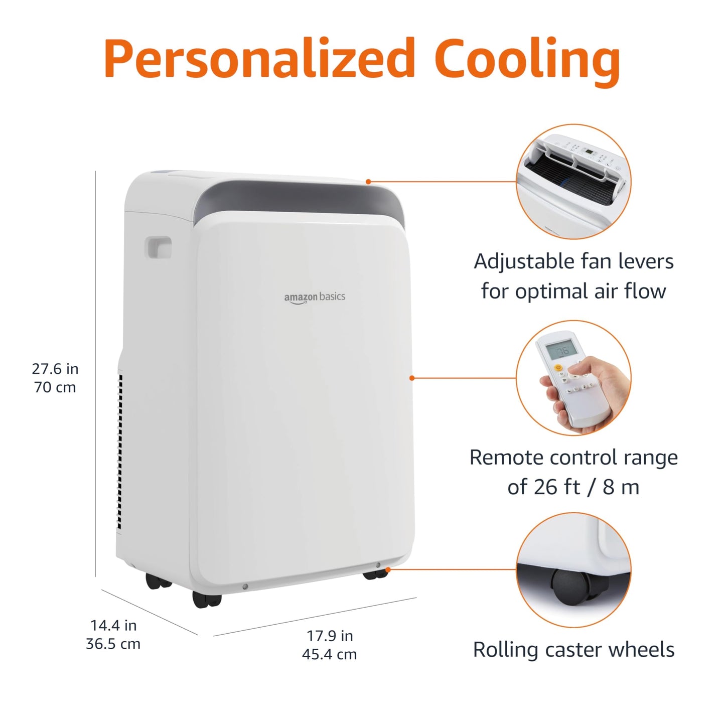 Amazon Basics 3-In-1 Portable Air Conditioner with Remote, Timer, Sleep Mode, Auto Swing, Dehumidifier, 10000 BTU (ASHRAE)/6000 BTU (SACC), Cools Bedroom Up to 450 Sqf, White