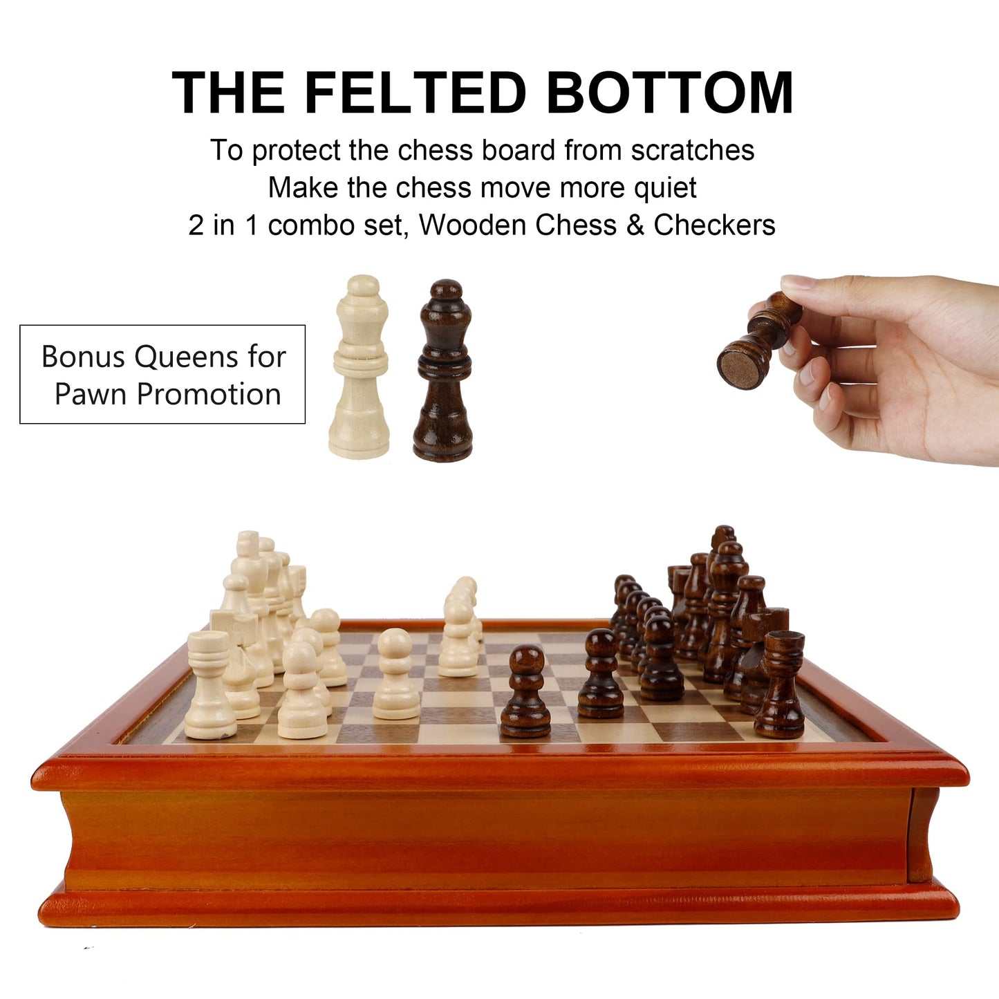 Juegoal 12-Inch Wooden Chess & Checkers Set with Storage Drawer, Portable Board Games for Kids and Adults