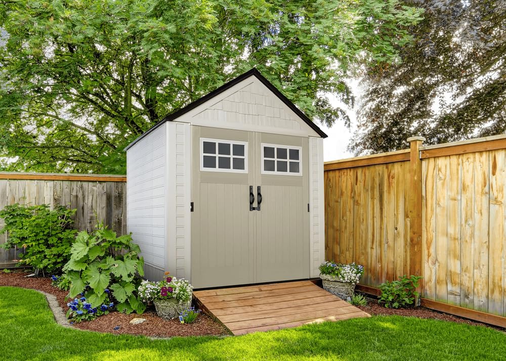 Rubbermaid Extra Large Resin Outdoor Storage Shed With Floor (7 x 10 Ft.), Weather Resistant, Brown, Organization for Home/Lawn Mower/Backyard Equipment/Bike Storage/Pool Supplies