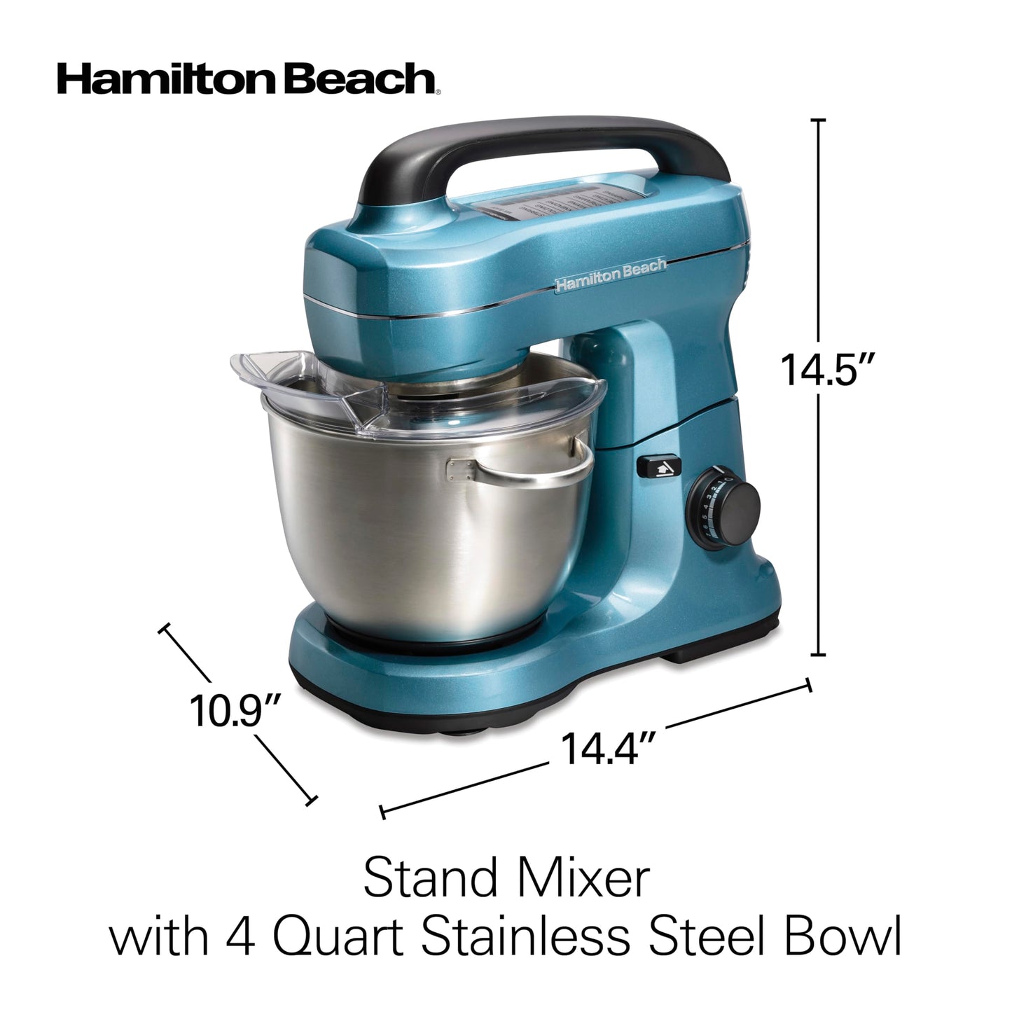 Hamilton Beach Electric Stand Mixer, 4 Quarts, Dough Hook, Flat Beater Attachments, Splash Guard, 7 Speeds with Whisk, Easy-Carry Top Handle, Blue
