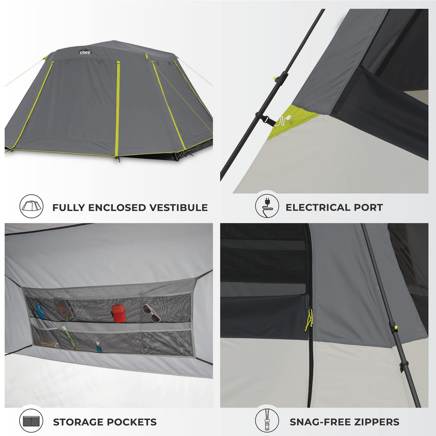 CORE Instant Cabin Tents | 6 Person / 9 Person / 10 Person / 12 Person Family Cabin Multi Room Pop Up Tents Car Camping | Included Storage Pockets for Camping Accessories