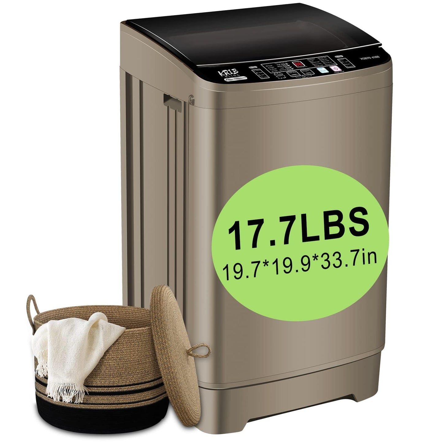KRIB BLING 17.7 lbs Full Automatic Washing Machine with LED Display Compact Washing Machine with Drain Dump, 10 Wash Programs and 8 Water Levels Ideal for Dorms, Apartments, RV, Gold, KB03 GOLD6-3