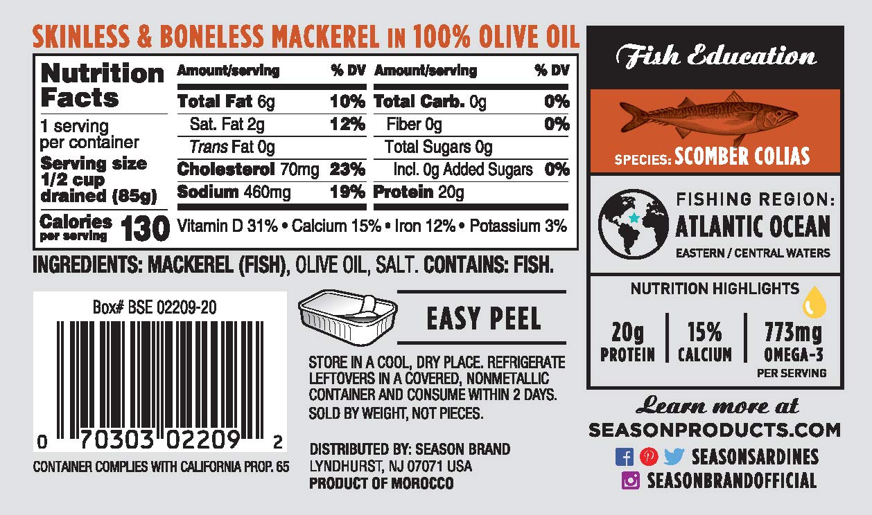 Season Mackerel in Water - Skinless & Boneless, No Salt Added, Wild Caught, Keto Snacks, Canned Mackerel Fillets, Full of Vitamins, Low in Mercury, Kosher, Non-GMO, 20g of Protein - 4.37 Oz, 12-Pack