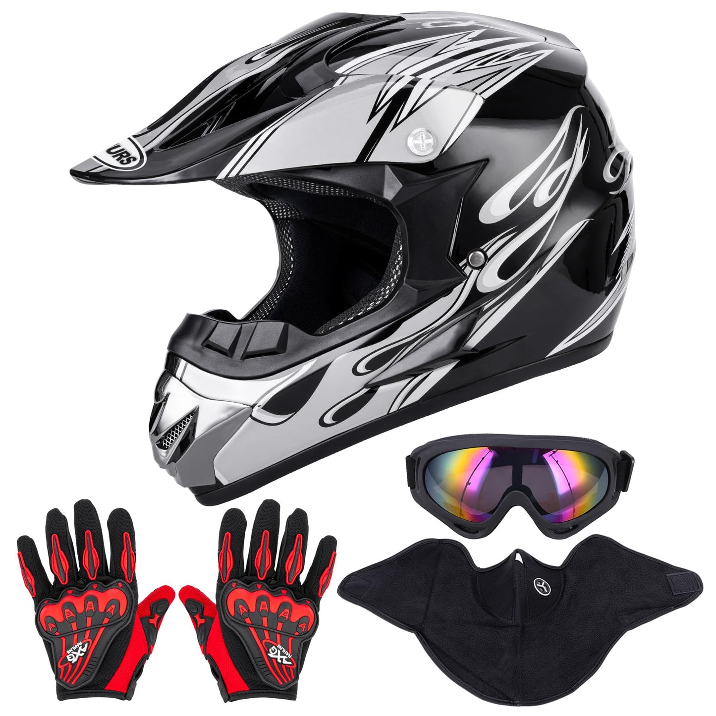 Adult Motocross Dirt Bike Helmet with Goggle, Gloves & Mask - DOT/FMVSS-218 Off-Road Motorcycle & ATV Helmet with Adjustable Sun Visor