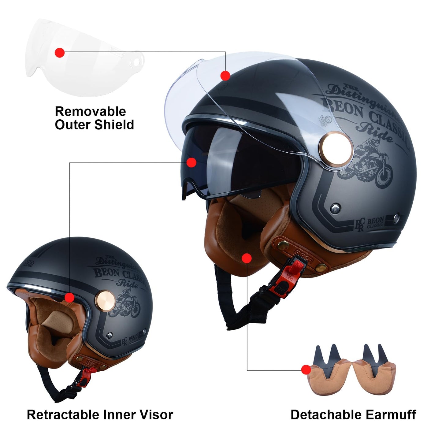 Open Face Motorcycle Helmet for Adults, DOT Approved,3/4 Retro Vespa Helmet, Dual Visors Men's and Women's Motorbike Casco for Moped Cruiser Bobber and Chopper