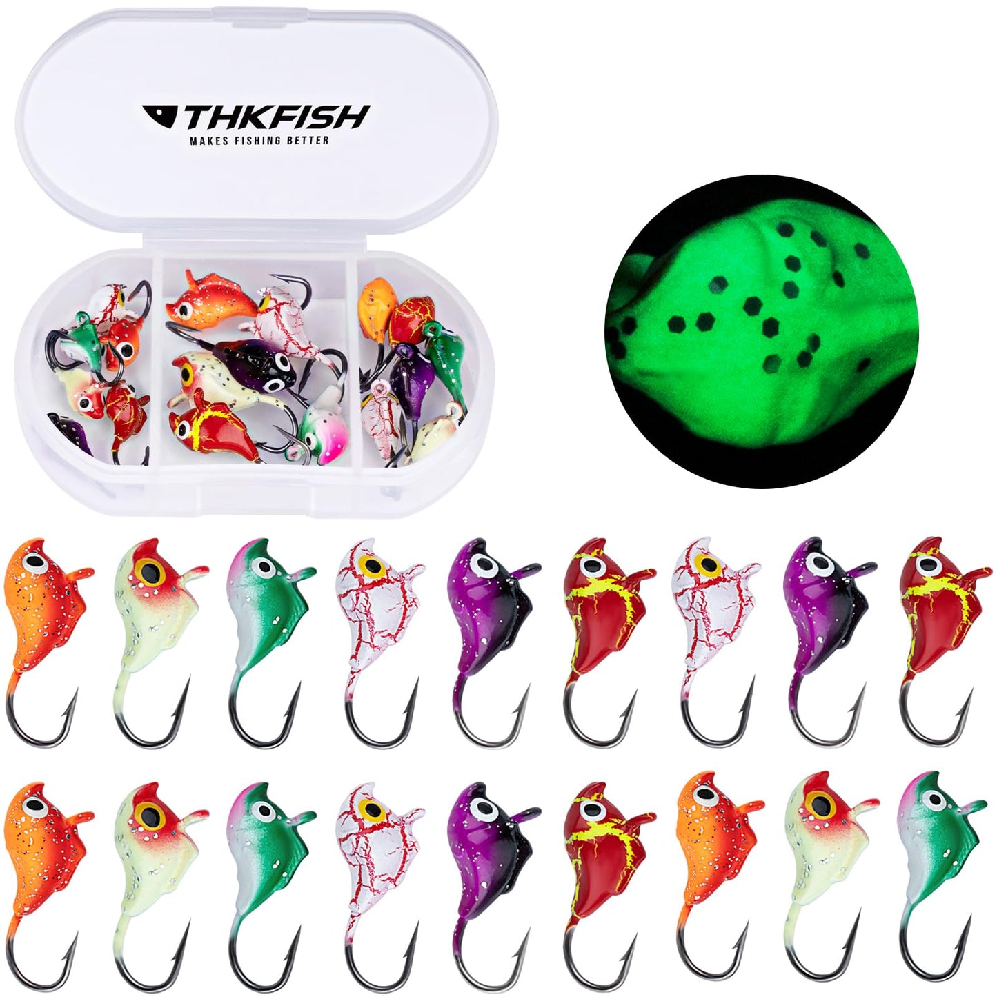 THKFISH Ice Fishing Jigs Kit, Jigs Heads for Ice Fishing Gear, Ice Fishing Lures for Panfish, Crappie, Walleye, Perch, Trout and Bluegill 18/40/70pcs