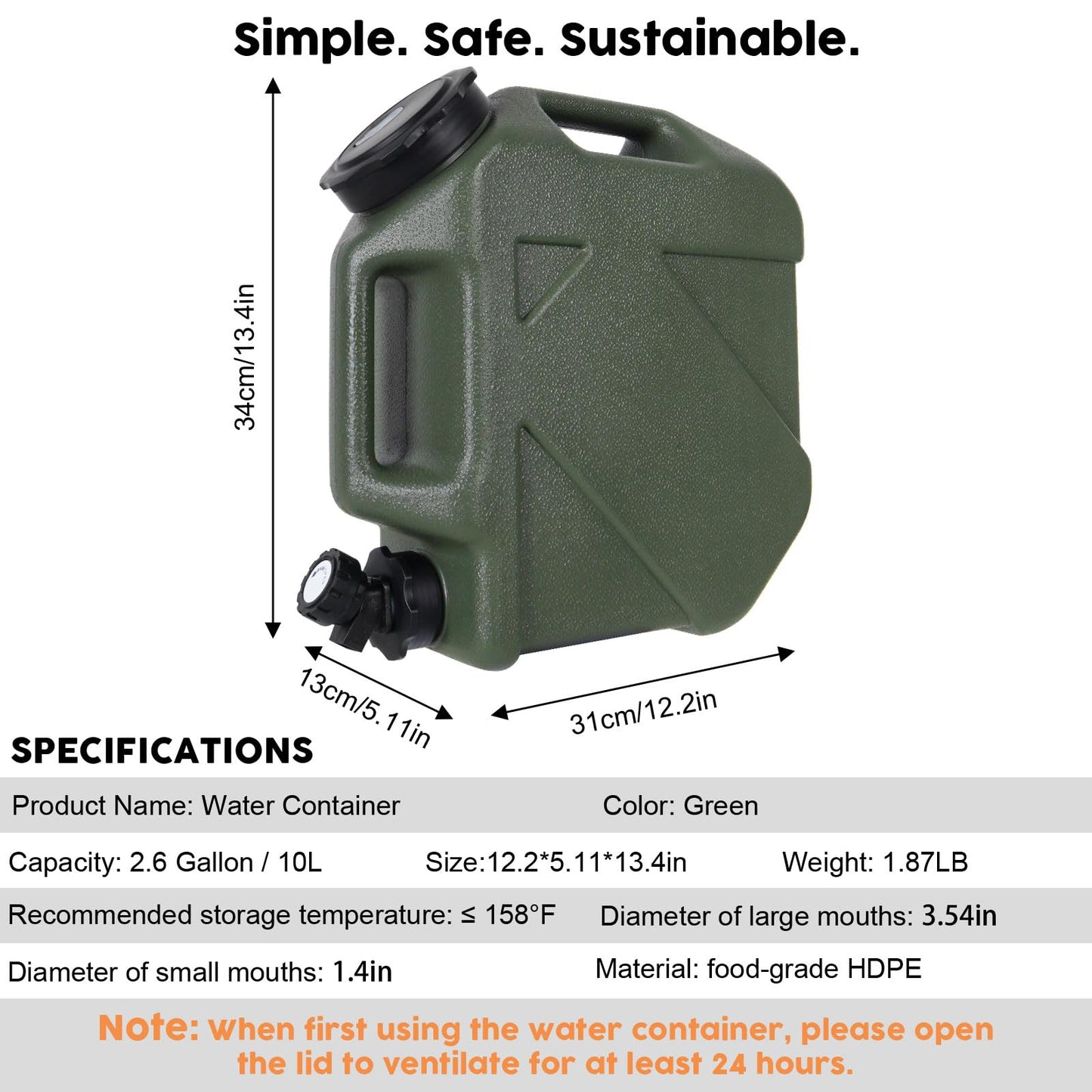 5 Gallon Water Jug, Camping Water Container BPA Free Water Storage with Spigot No Leakage Portable Emergency Water Tank for Outdoor Hiking Camping Picnic Supplies Green