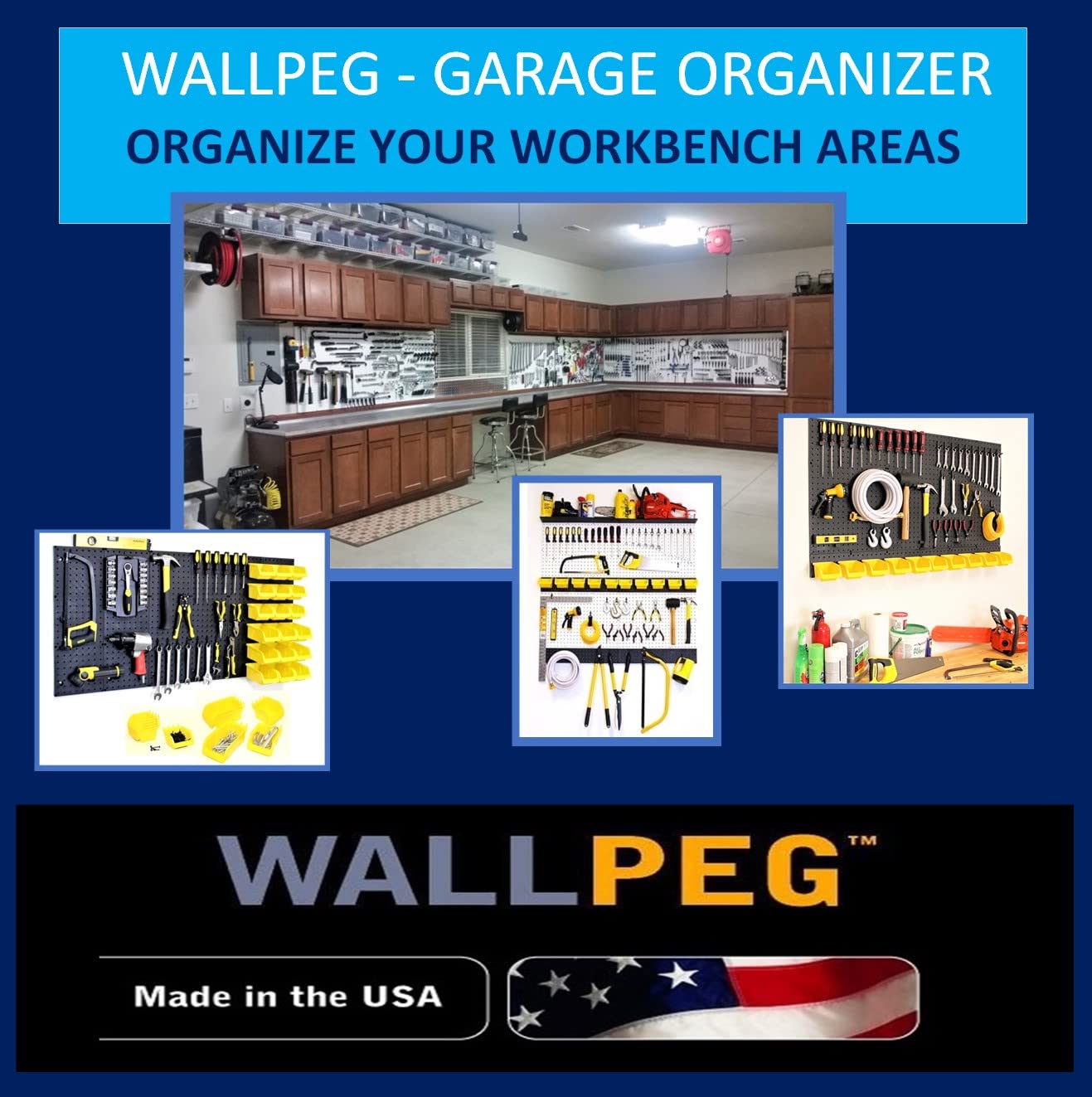 WallPeg Pegboard Wall Organizer - 96” Wide | 4 Pack 24”x16” Heavy Duty Plastic Peg Boards | Made in USA | Garage Tool Storage, Workshop, Craft Room, Office Wall Organizer | Tuff Peg-Board Panels