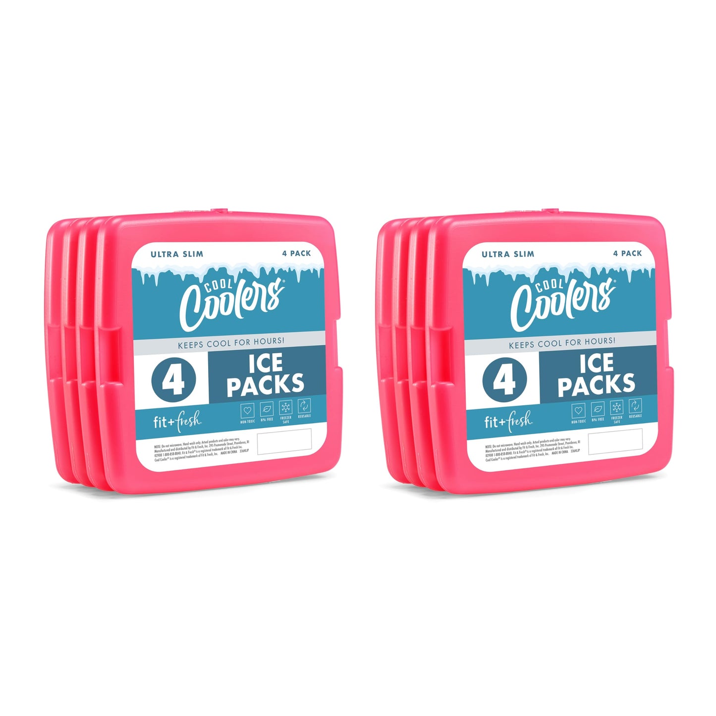 Cool Coolers by Fit & Fresh 4 Pack Slim Ice Packs, Quick Freeze Space Saving Reusable Ice Packs for Lunch Boxes or Coolers, Multi Colored