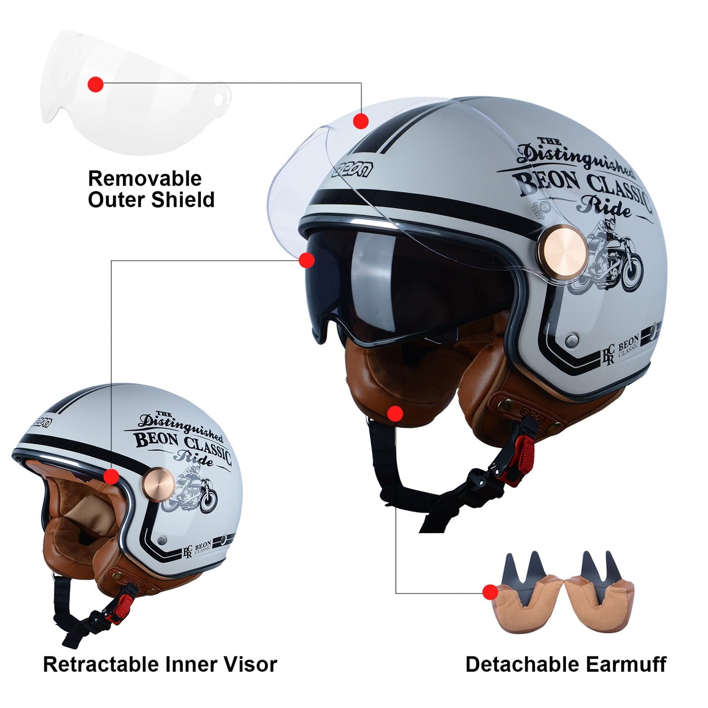 Open Face Motorcycle Helmet for Adults, DOT Approved,3/4 Retro Vespa Helmet, Dual Visors Men's and Women's Motorbike Casco for Moped Cruiser Bobber and Chopper