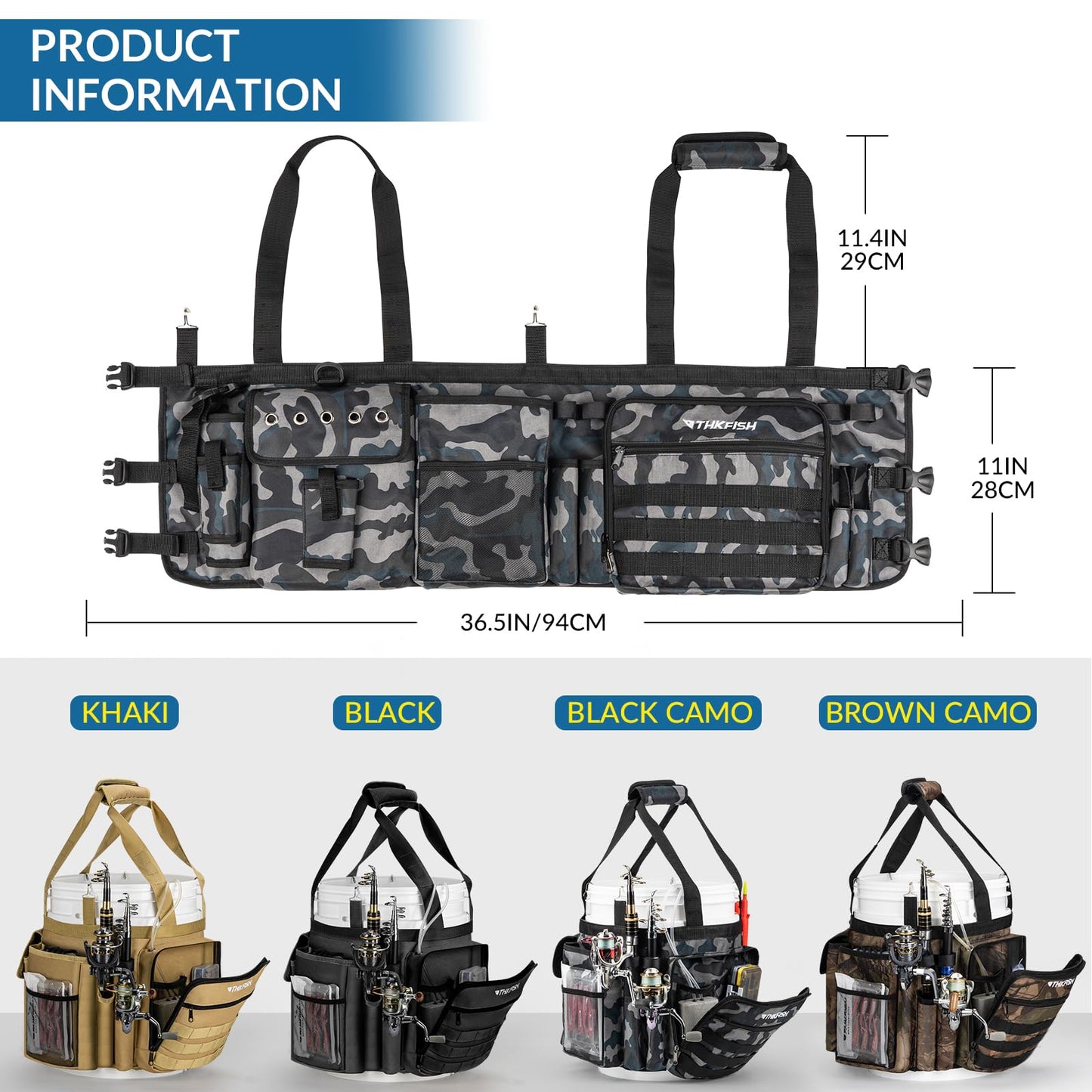 THKFISH Fishing Bucket Organizer for 5 Gallon Bucket, Ice Fishing Bucket Bag with Rod & Plier Holder, Adjustable Fish Protection Bucket Bag with Multi-Pockets for Fishing Gear