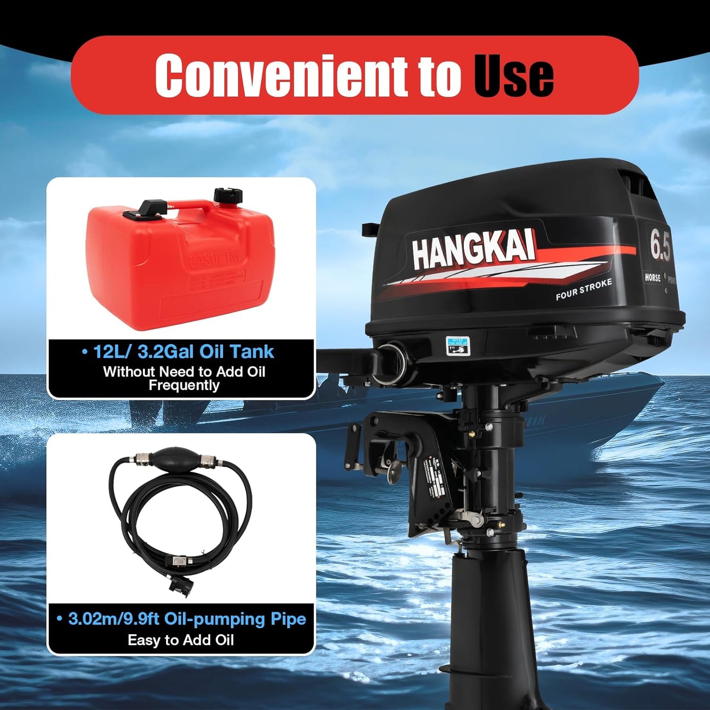 4-Stroke HANGKAI 6.5HP Outboard Motor Gas Powered, 123CC Fishing Boat Engine Outboard Motor Engine for Inflatable Boat Kayak Canoe Sailboat 5000-6000r/Min