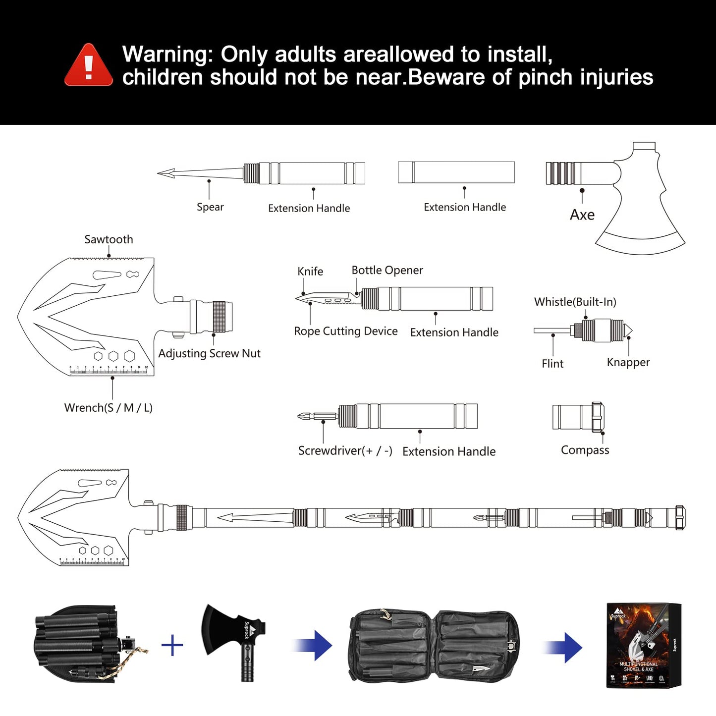 Survival Shovel High Carbon Steel Tactical Shovel Axe Folding Entrenching Tool Camping Hiking Shovel Carrying Pouch Car Emergency Survival Gear