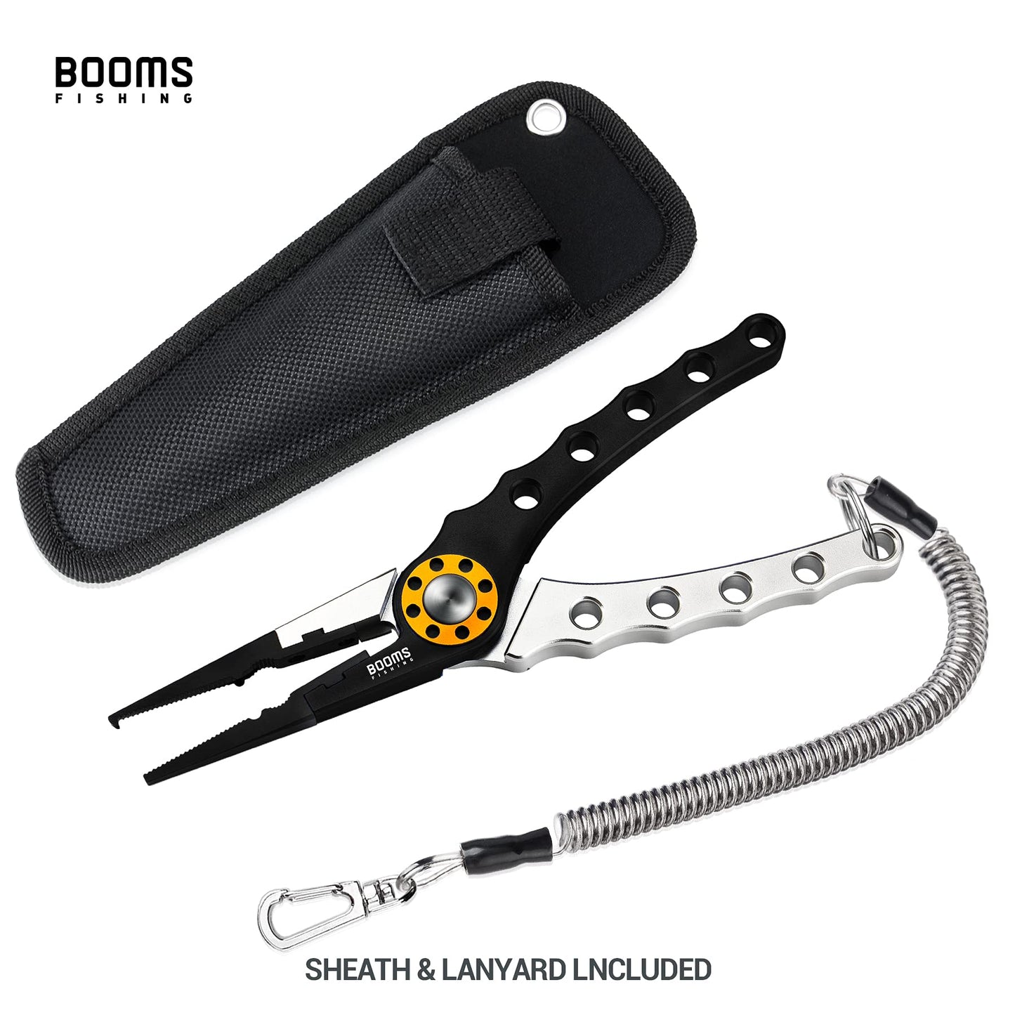 Booms Fishing X1 Aluminum Fishing Pliers Saltwater, Surf Fishing Tackle Kit, Fishing Multitool Hook Remover Braided Fishing Line Cutting and Split Ring with Coiled Lanyard and Sheath