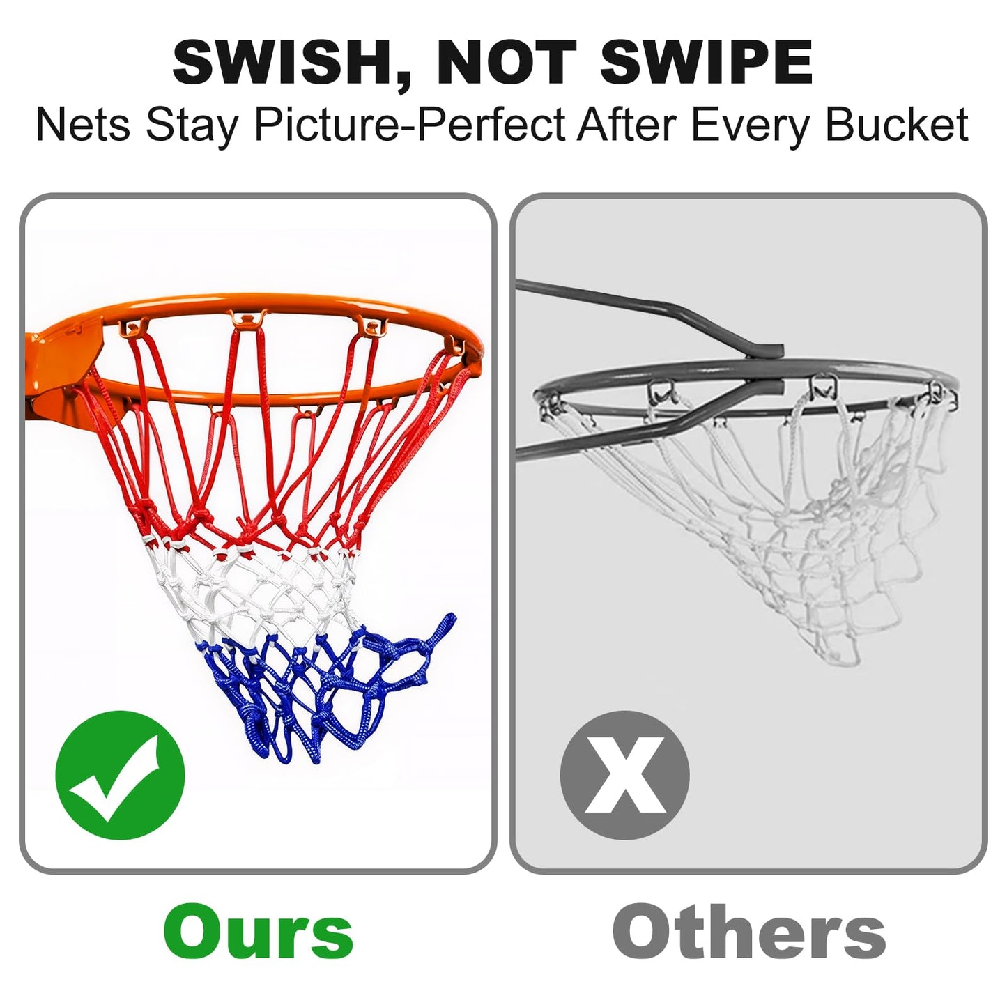 ELFFILLA Basketball Net Heavy Duty 7.16oz Professional Grade, All Weather Anti Whip Basketball Net Replacement for Outdoor Indoor Standard Hoop, 12 Loops Reinforced (Red White Blue)