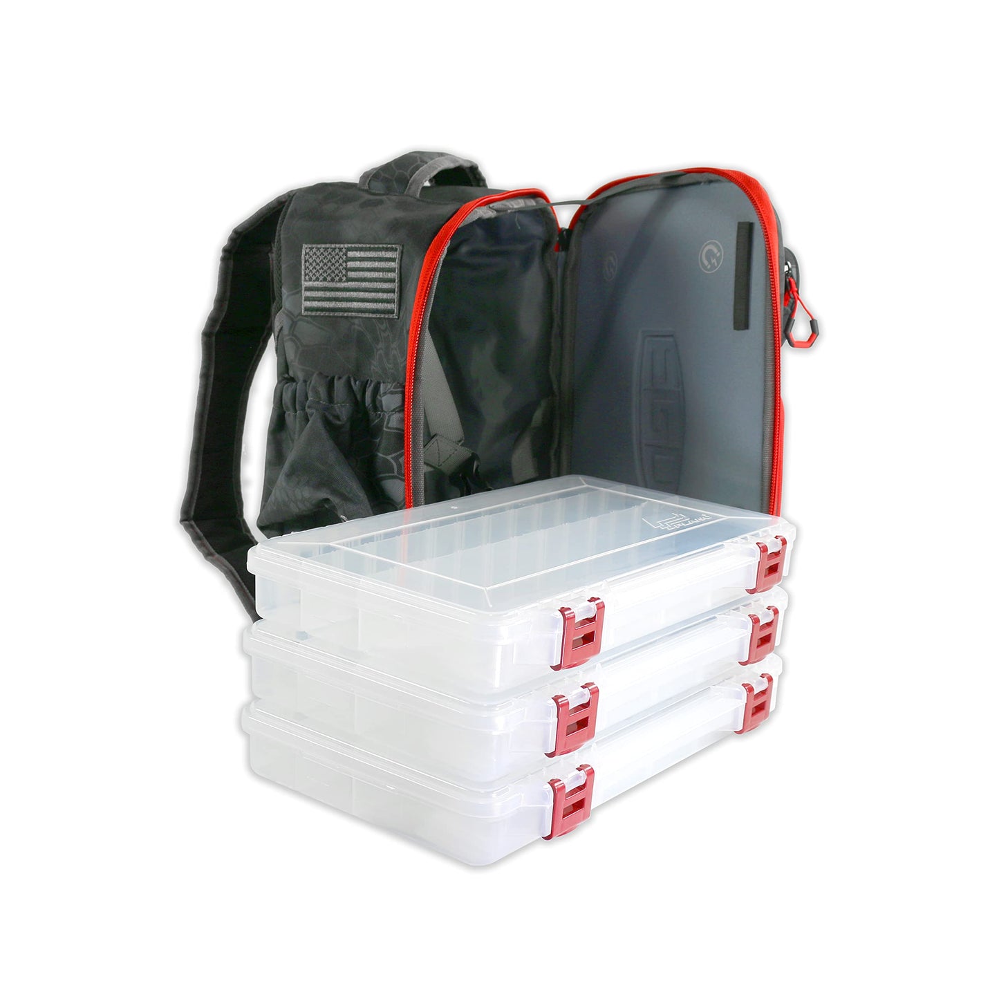 EGO Kryptek Tactical Tackle Box Backpack, Durable Fishing Tool Bag, 1000D Nylon Fabric with PVC Back, Water-Resistant, Multiple Storage Pockets, Laser-Cut Molle Loops, Includes 4 Tackle Trays