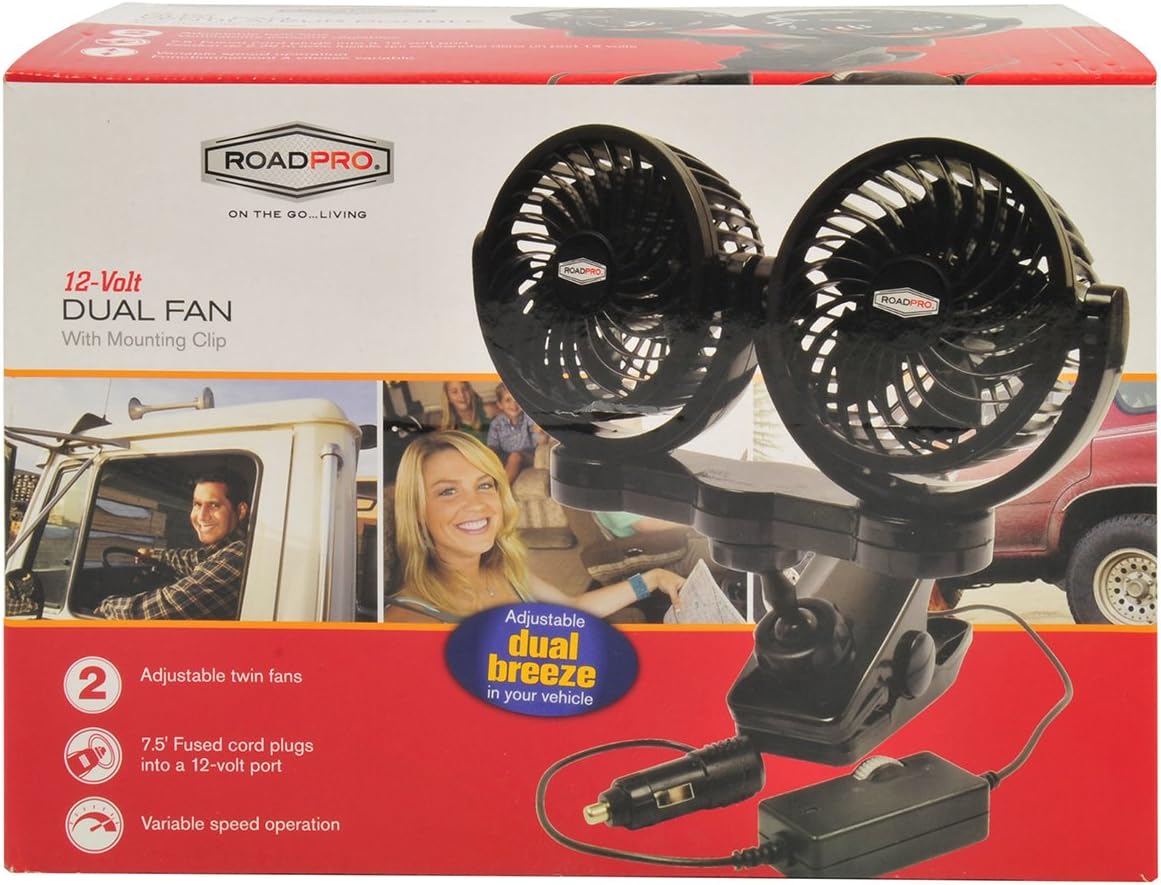 RoadPro RPSC8572 12-Volt Dual Fan with Mounting Clip, Black, 10X7X12