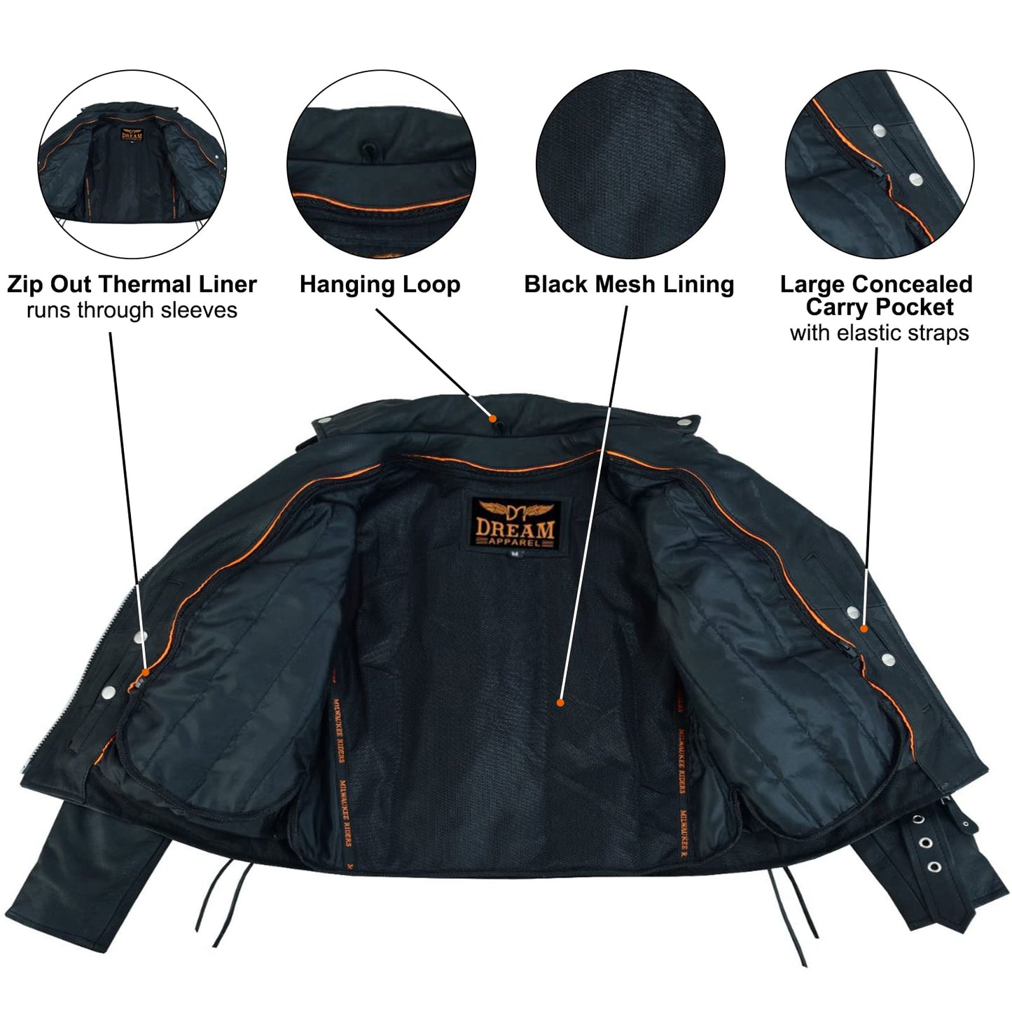 Dream Apparel Women’s Classic Leather Motorcycle Jacket with Zip Out Lining, Biker Jacket for Ladies with Side Laces, Black