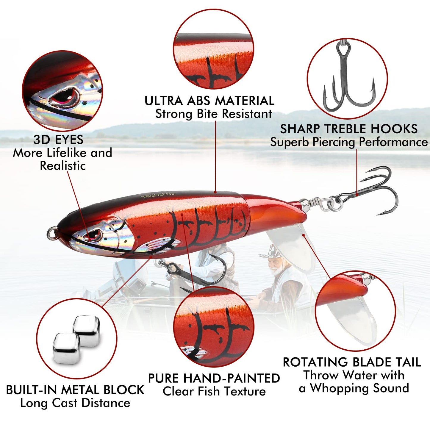 TRUSCEND PoPobait Plopper with BKK Hooks, Top Water Fishing Lures for Bass Walleye Pike Catfish Musky Perch, Floating Lure for Freshwater or Saltwater, Amazing Teasers Fishing Gifts for Family Fishing
