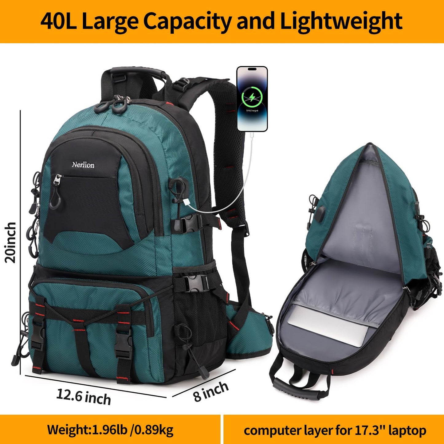 Nerlion 40L Hiking Backpack Travel Backpack for Men Women Camping Waterproof Outdoor Hiking Daypack Lightweight Backpack (Orange)