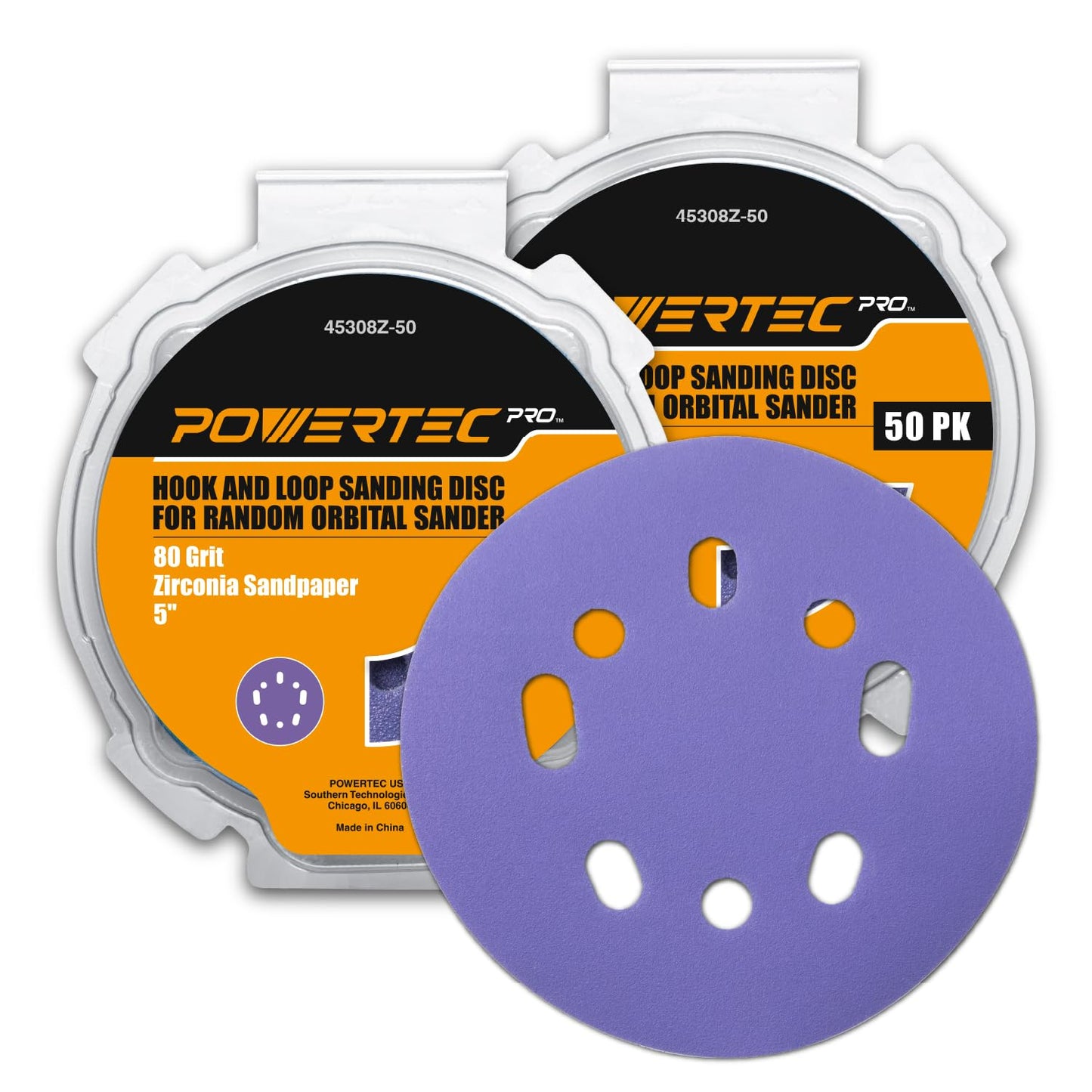 POWERTEC 50 PCS 220 Grit - 5 Inch 8 Hole Hook and Loop Sanding Discs, 5" Sanding Pads for Automotive, Drywall, Woodworking with Orbital Sander, Air, and DA Sander (44022G-50)