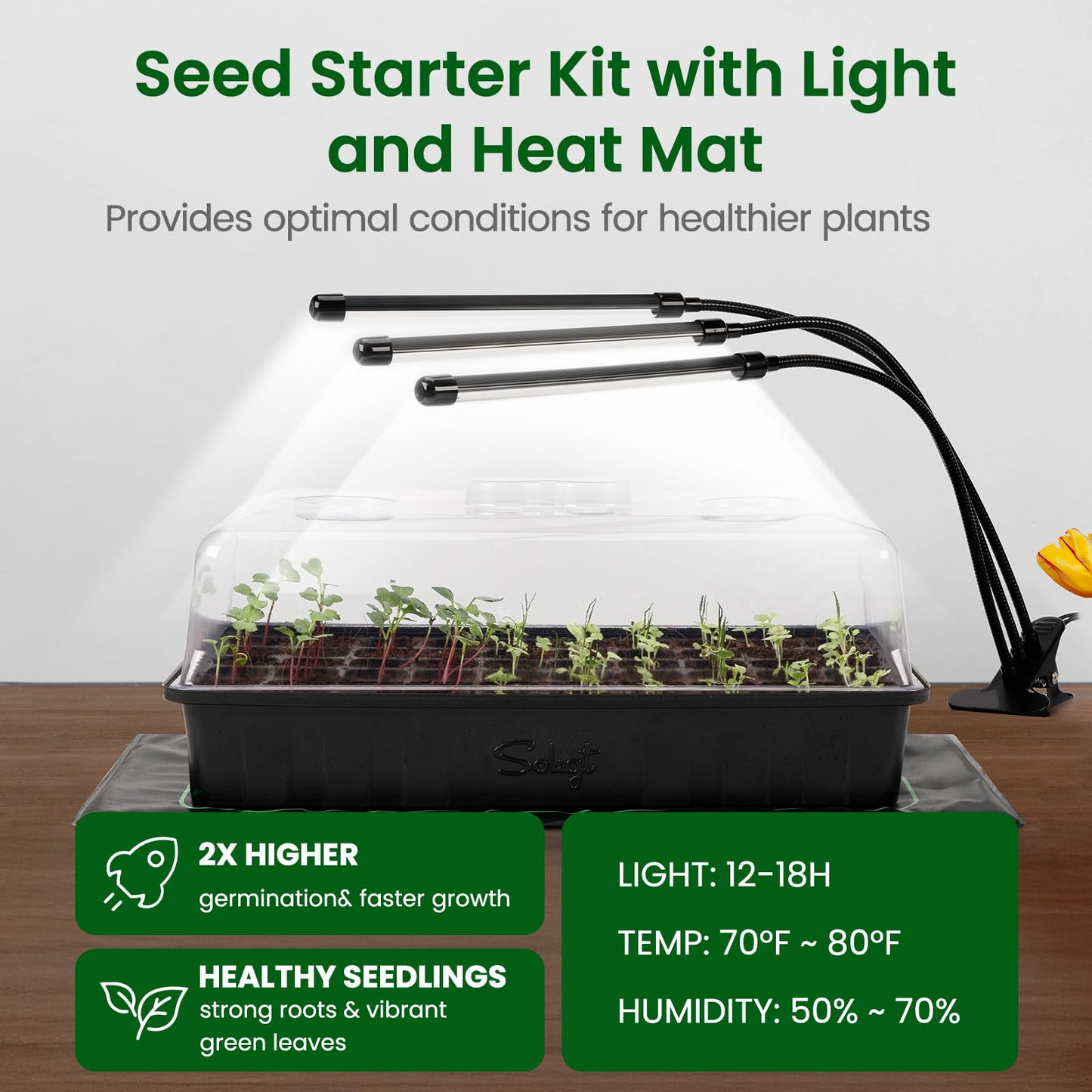SOLIGT 60 Cell Seed Starter Kit with Grow Light and Heat Mat, Seed Starter Tray with Higher 4.3” Humidity Dome, 4/8/12/18H Timer, Flexible Light for Indoor Seed Starting & Seedling