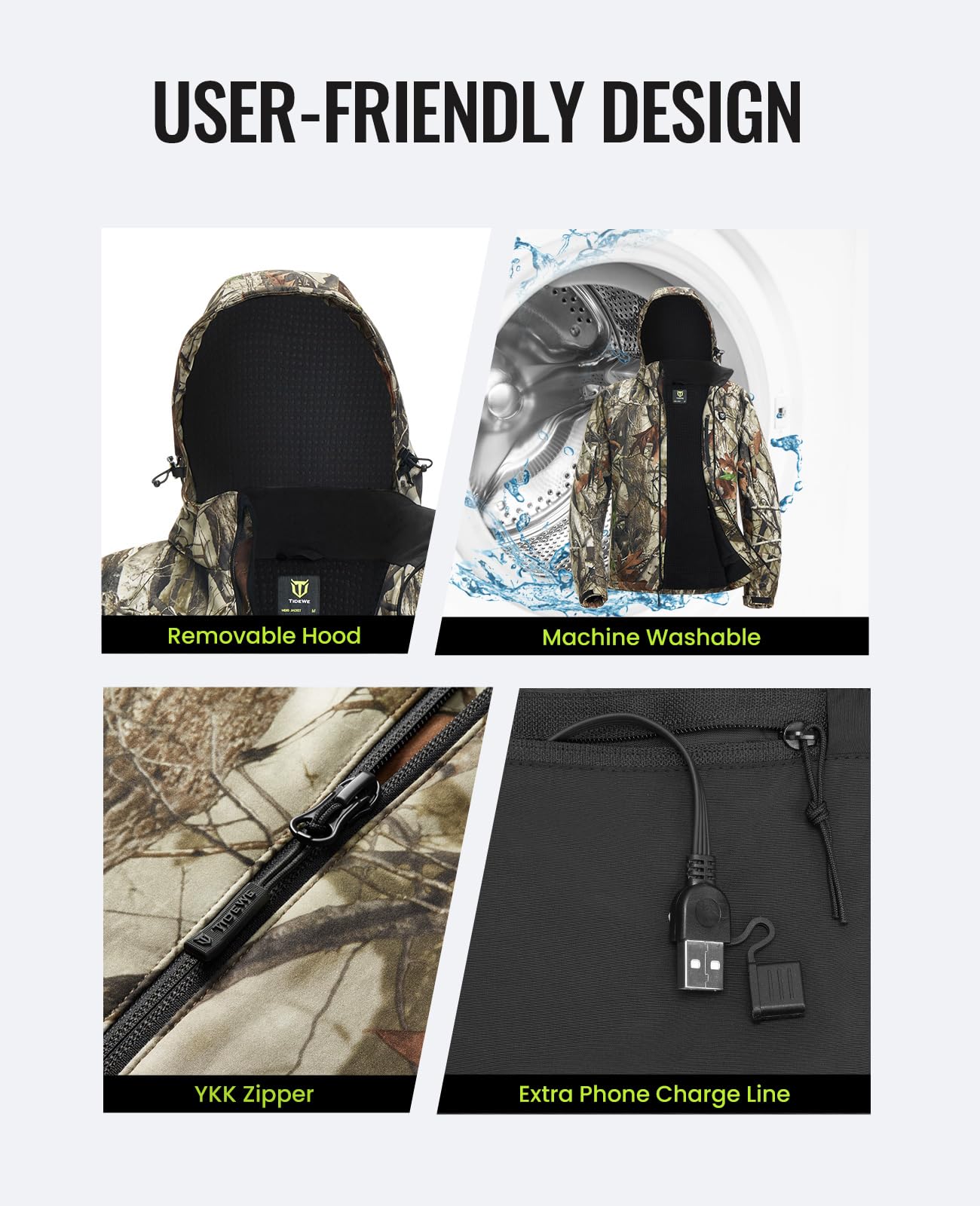 TIDEWE Heated Jacket for Men with Battery Pack (Black, Camo, Size S-XXXL)
