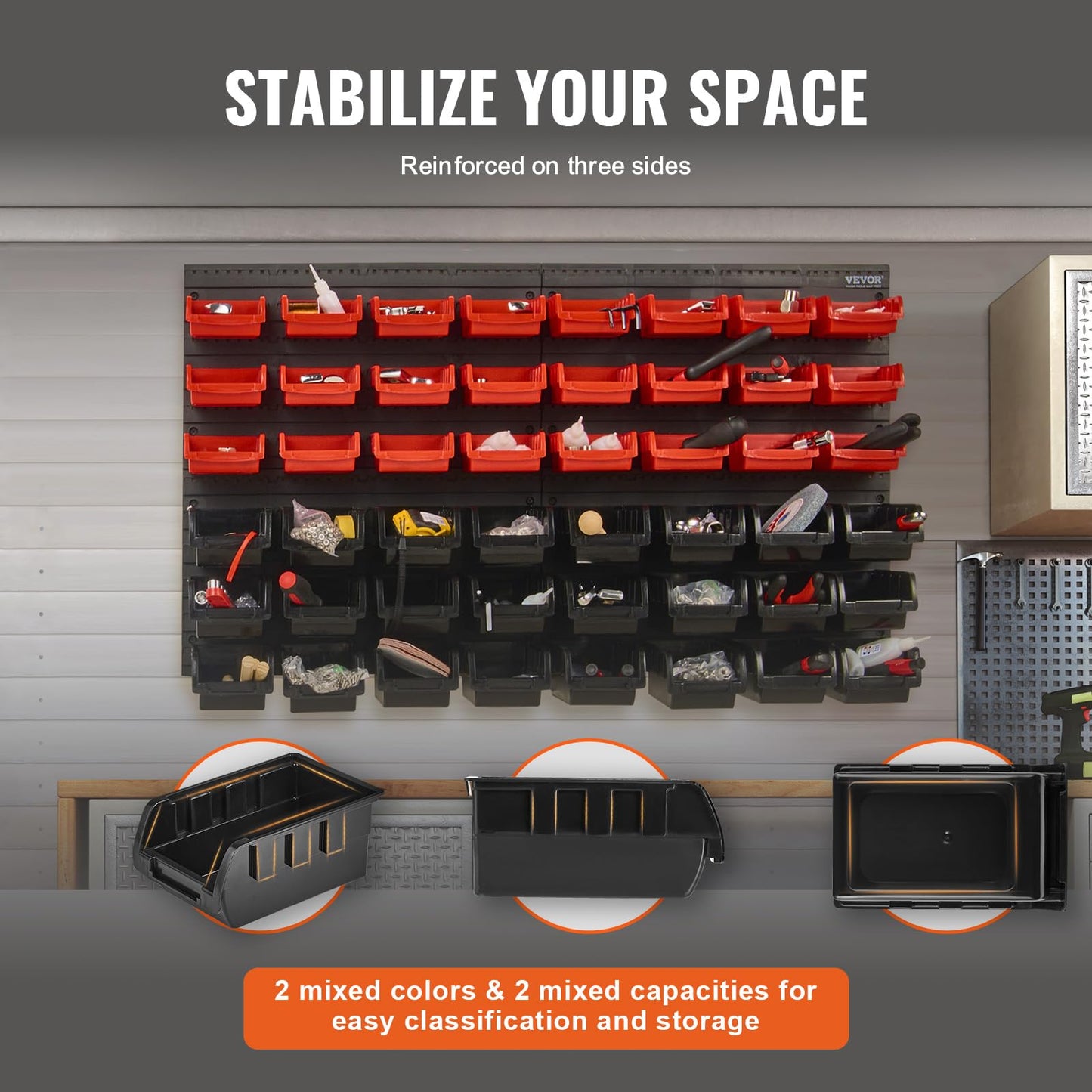 VEVOR Wall Mounted Storage Rack System, 30-Bin Parts Rack Organizer with Wall Panels/Tool Holders/Hooks, Garage Plastic Shop Tool Organizer for Nuts, Bolts, Screws, Nails, Beads, Buttons